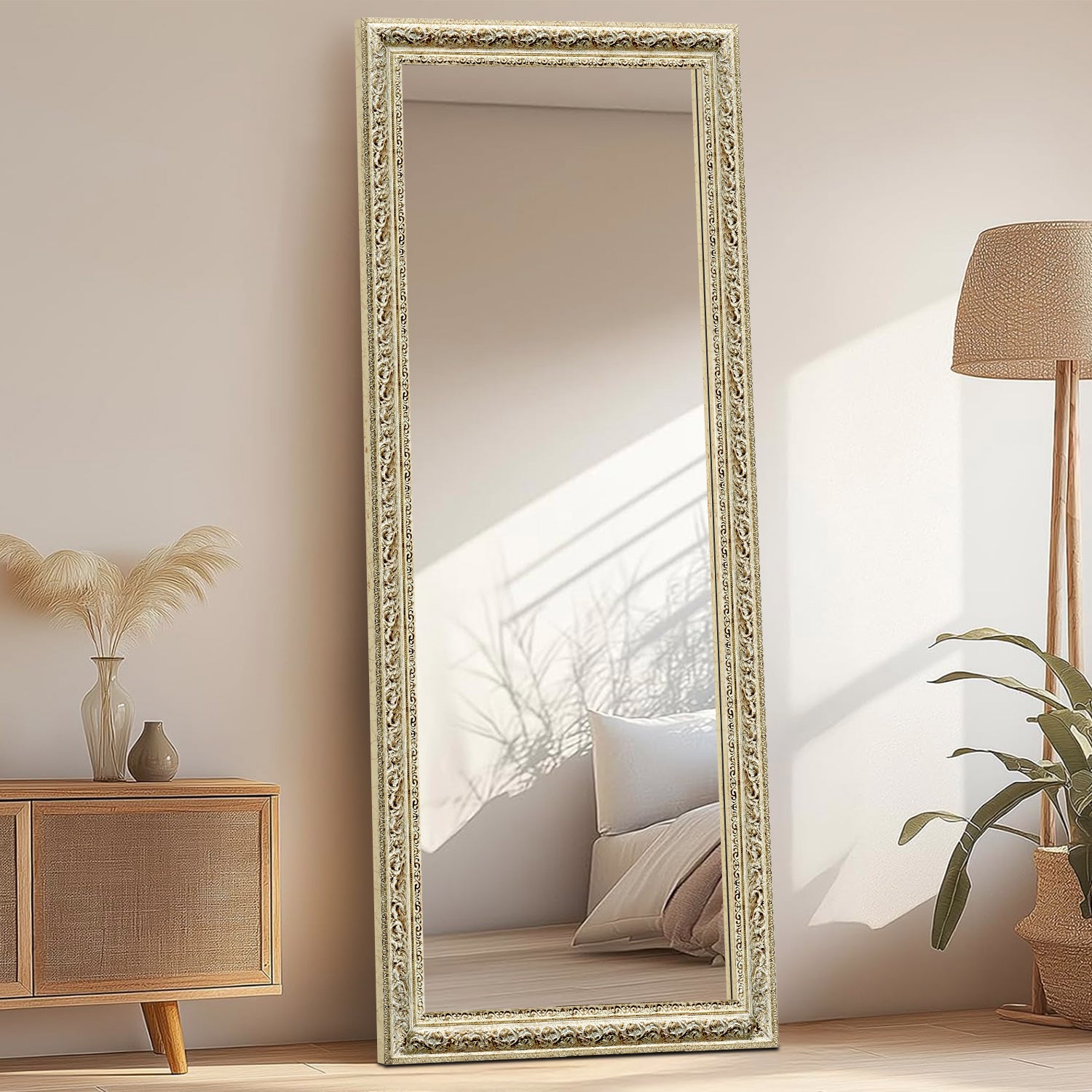 KAEVION 5.25 Feet Antique Ornate Off-White Baroque Wall Hanging Mirror | Hand Carved Wall Mounted Mirror | Decorative Wall Mirror for House Decoration | Home Renovation | Hallway or Entryway