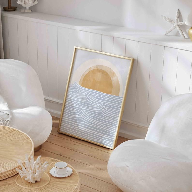 KAEVION Wall Hanging Art Decor Ocean Waves Boho Sun Beach Print Painting Glossy Finish, Waterproof Framed for Beach House Home Decor Poster Framed - 20x30 inch