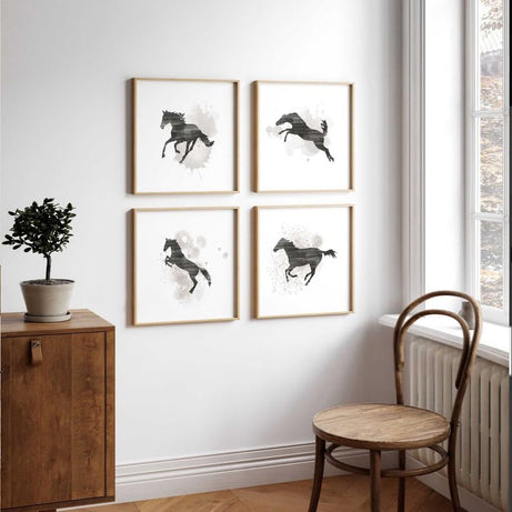 KAEVION Wall Hanging Horse Painting Poster with PVC | Gift for Good Luck, Success, and Power Glossy Print Frame for office,Home, Hall Etc – Pack of 4