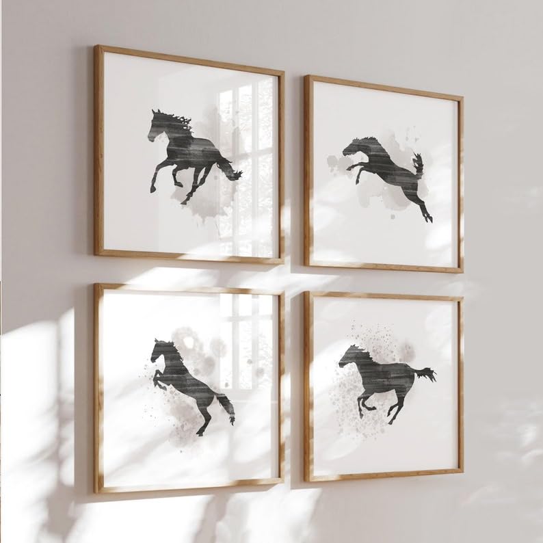 KAEVION Wall Hanging Horse Painting Poster with PVC | Gift for Good Luck, Success, and Power Glossy Print Frame for office,Home, Hall Etc – Pack of 4