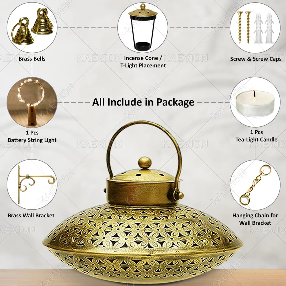 KAEVION Handicraft Wall Iron Antique Brass Hanging Traditional Dhoop Burner Holder | Ideal for Diwali Decoration, Pooja Temple, Yoga Room Gifting - Gold