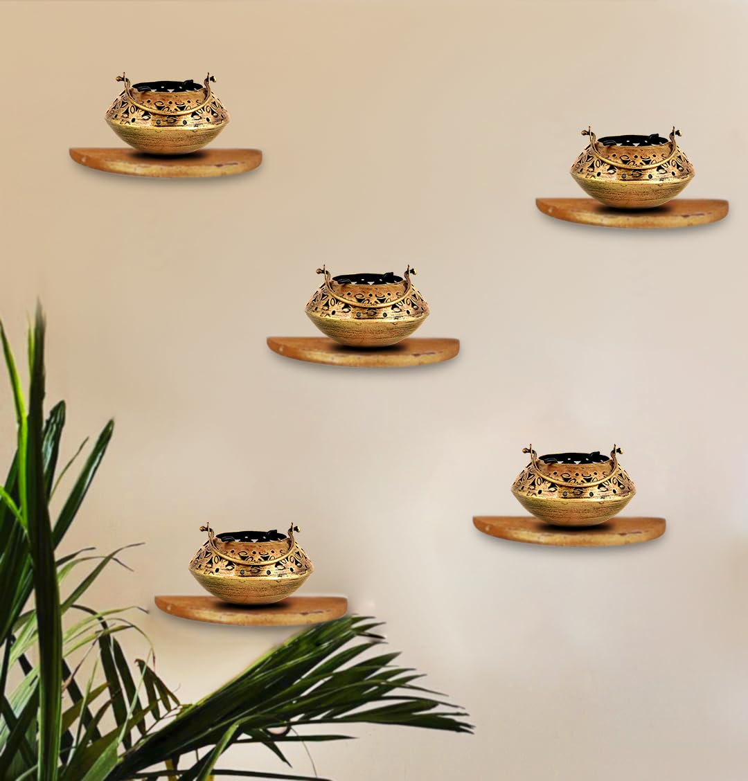 KAEVION 5pcs Metal Brass Incense Burner Tea Light Candle Holder | Small Size Degchi 5” | Wall Hanging Diya Holder for Pooja Room| Degchi Dhoop Dani | Brass Home Decorative Items for Living Room