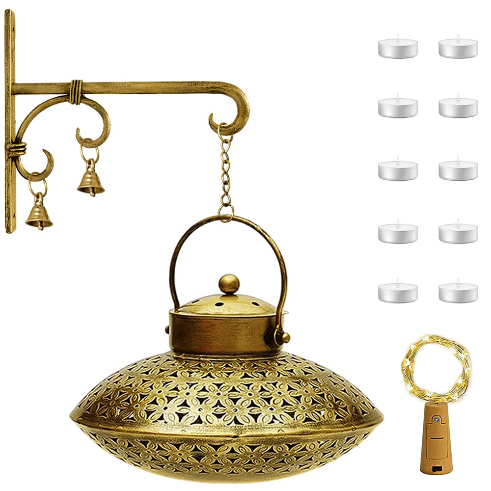 KAEVION Wall Hanging Diwali Accessory Round Shape Traditional Incense Holder Dhoop Burner Urli Pot | Home Décor Item for Gifting with Free 10 Tea Light Candles + 1 Fairy Light- Pack of 1