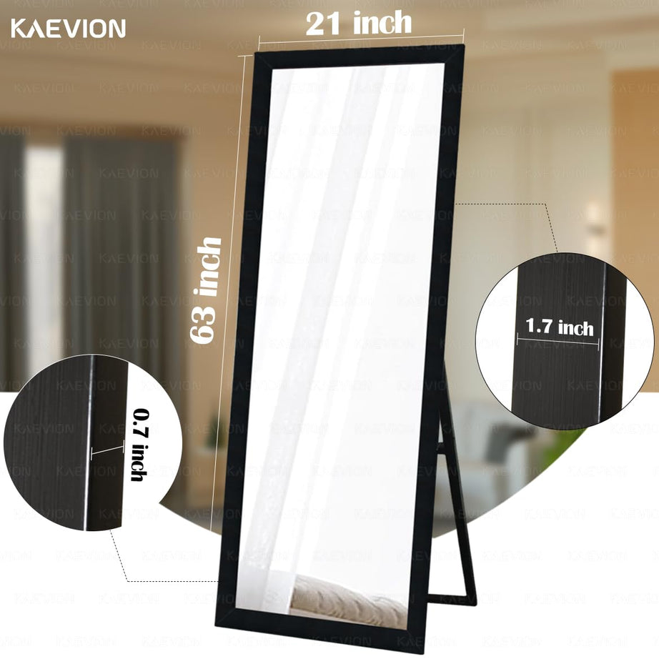 KAEVION Full Length Mirror 63" 21" Standing, Vertical Black Frame HD Rectangle Full Body Tall Big Floor Stand up or Wall Mounted Mirror, Black