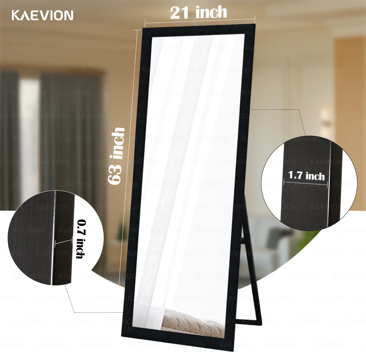 KAEVION Full Length Mirror 63" 21" Standing, Vertical Black Frame HD Rectangle Full Body Tall Big Floor Stand up or Wall Mounted Mirror, Black