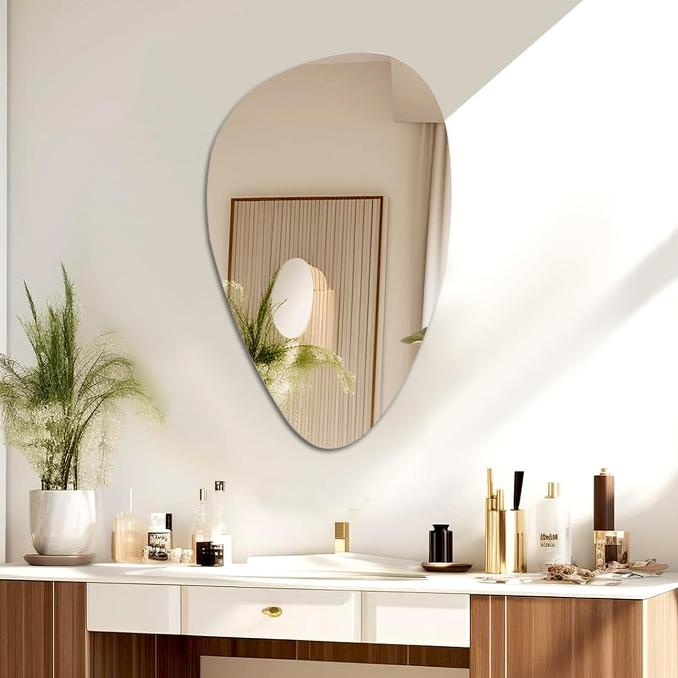 KAEVION Modern Art Frameless Irregular Glass 4 MM 1.5 Feet Wall Home Décor Mirror | Wall Hanging Mirror| Wall Decor for Living Room Entryway Hallway Washroom- Silver