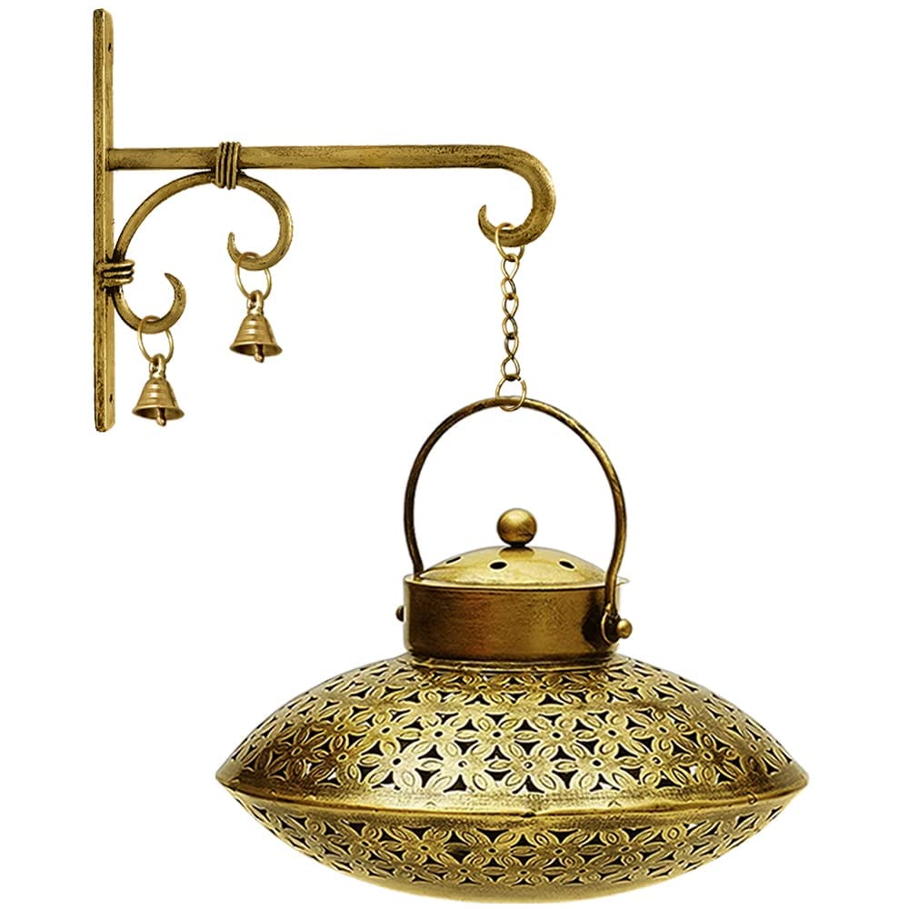 KAEVION Iron Antique Brass - Decor Incense Holder Dhoop Degchi Pot with Brass Bells Wall Hanging with - Oval Shape| Big Size lobhan Dhani Wall Mounted Burnner - Set of 1