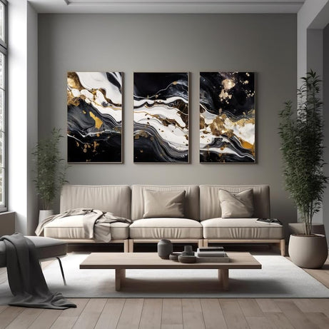 KAEVION Home Decor Wall Art 3 Pcs Abstract art print set Modern creative abstract artwork golden brush strokes, texture design for wall decor wallpaper poster card mural hanging, print