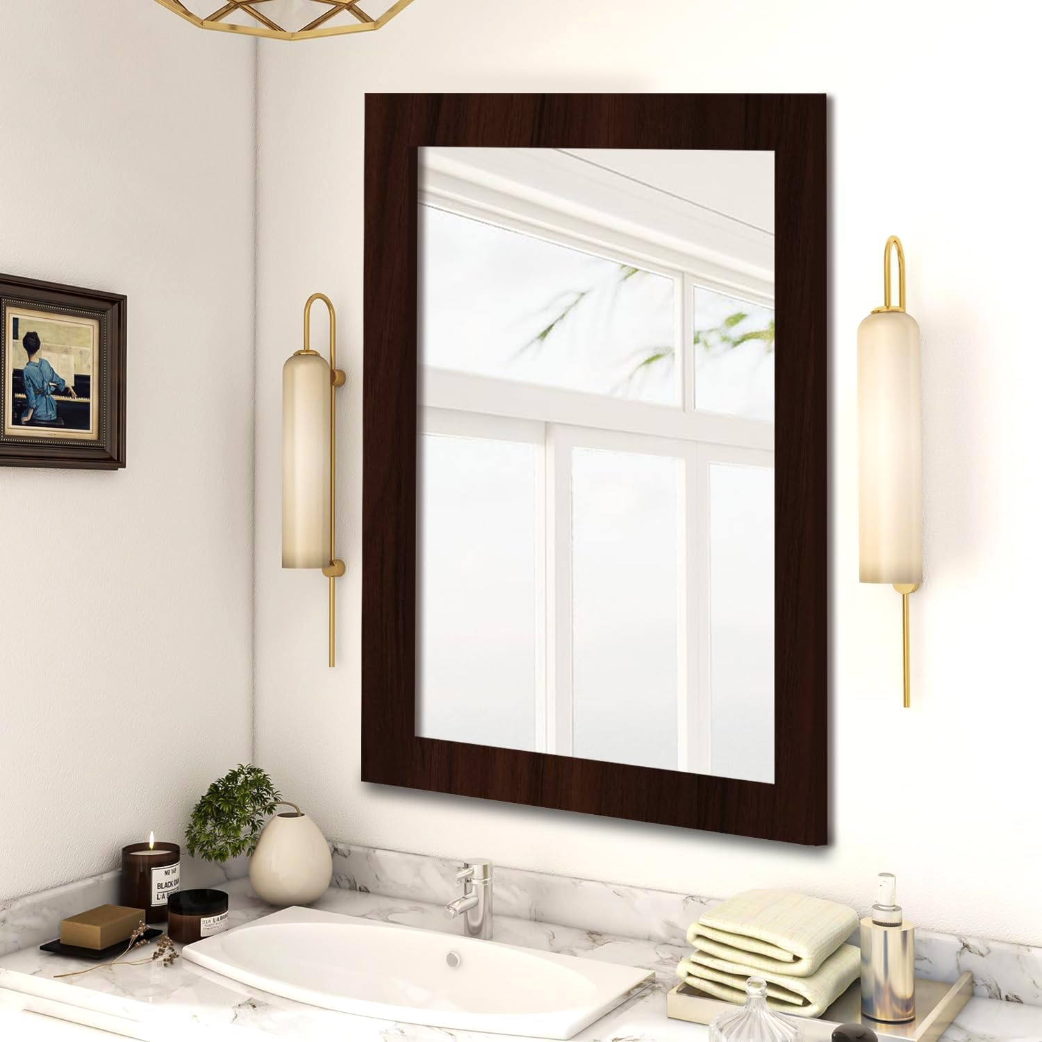 KAEVION Wall Hanging 1.75ft Brown Water Proof PVC Framed Mirror |Wall Mirror for Bedroom or Bathroom |Home Decor Wall Mount Mirror for Bedroom Living-Room Vanity Farmhouse| washroom Mirror for Wall