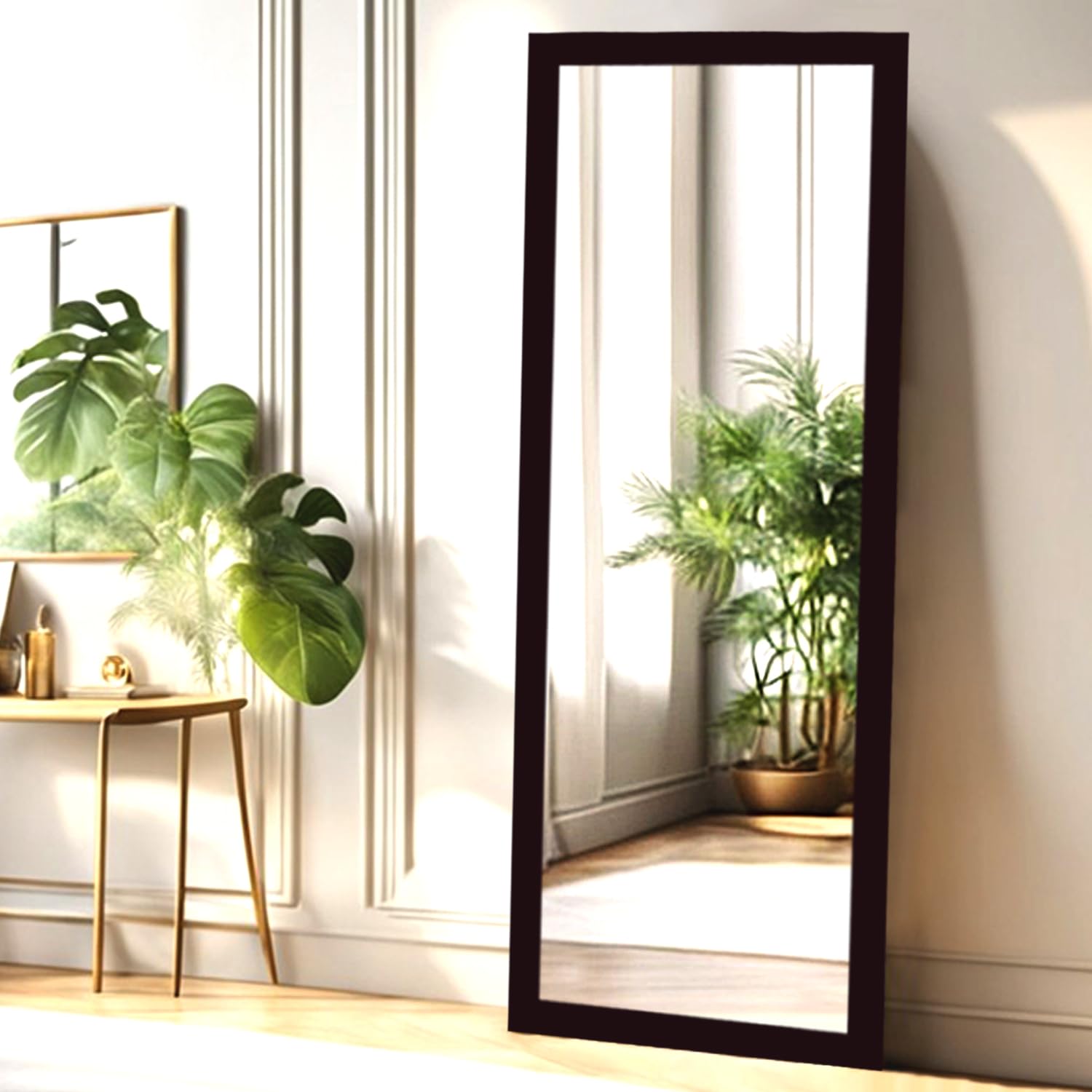 KAEVION Rectangular 4.25ft Brown PVC Frame Wall Hanging Mirror Full-Length with 5MM HD Reflection Glass| Long Dressing Body Mirror|Tall Big Floor Stand |Wall Mounted Mirror for Home Décor