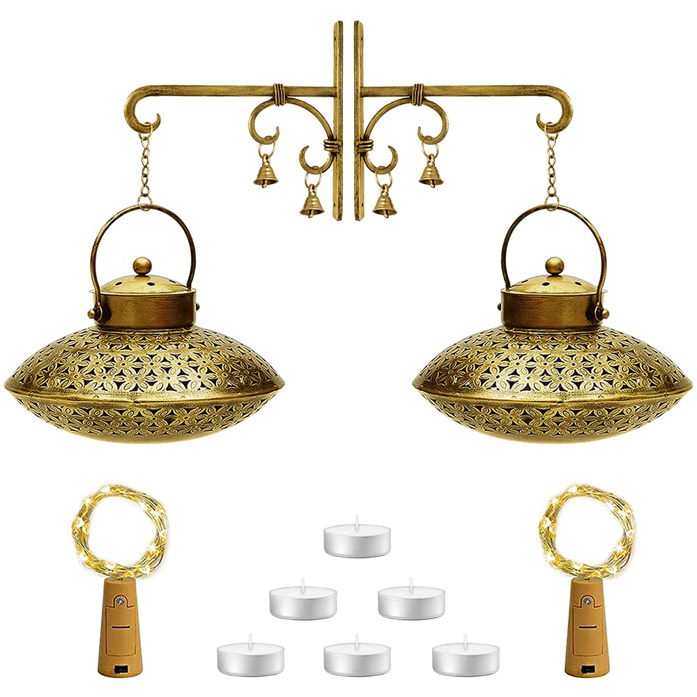KAEVION Delightful Diwali Decoration Dhoop Dani Pot Home Décor Tea Light Candle Holder for Gifting with Free (6 Tea Light Candles + 2 String Lights) - Pack of 2 Degchi with Wall Hanger