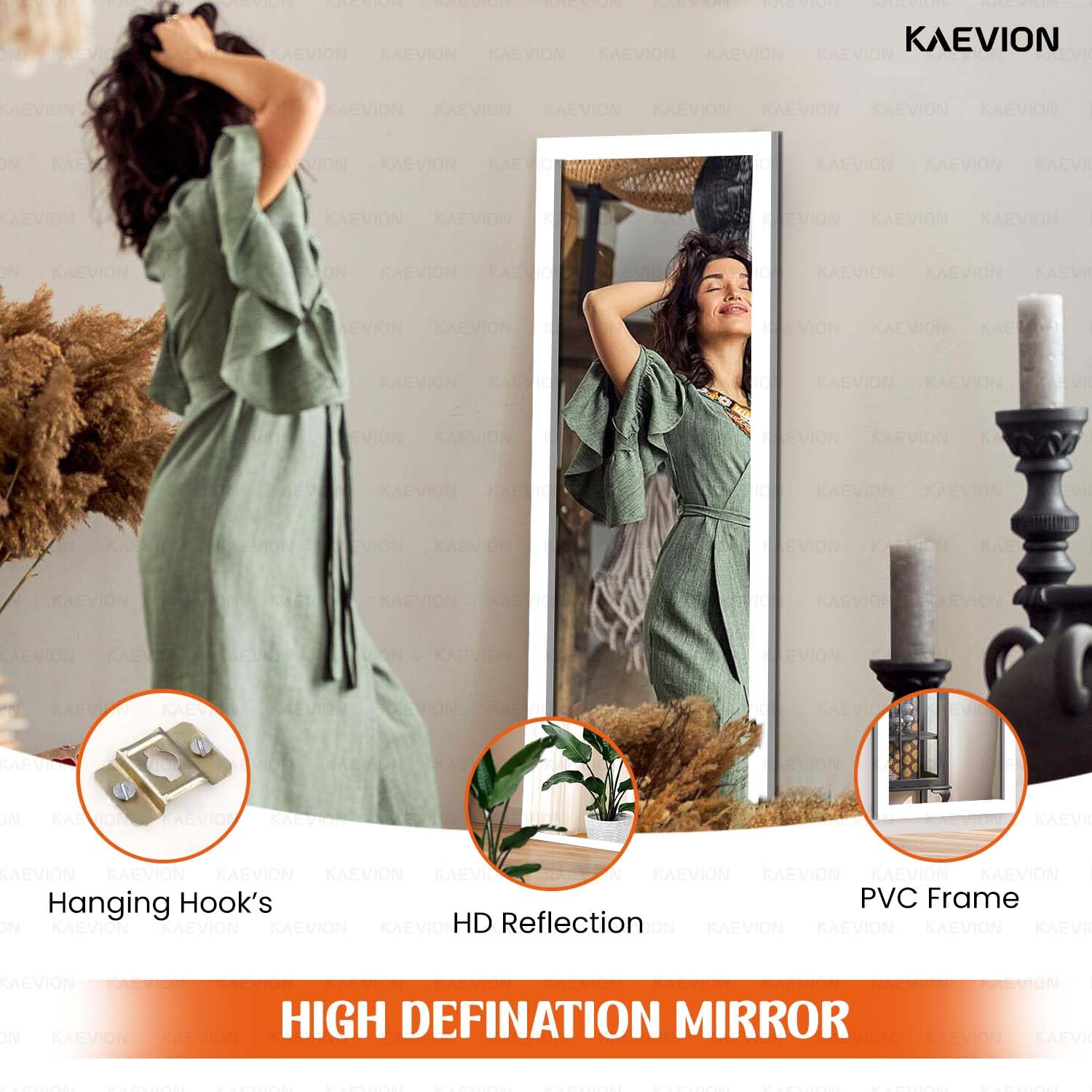 KAEVION 4ft White PVC Framed Full Size Long Wall Mirror | Rectangular Full Length Wall Mounted Dressing Mirror for Bedroom Living Room Hall Entryways | Home Decor Glass
