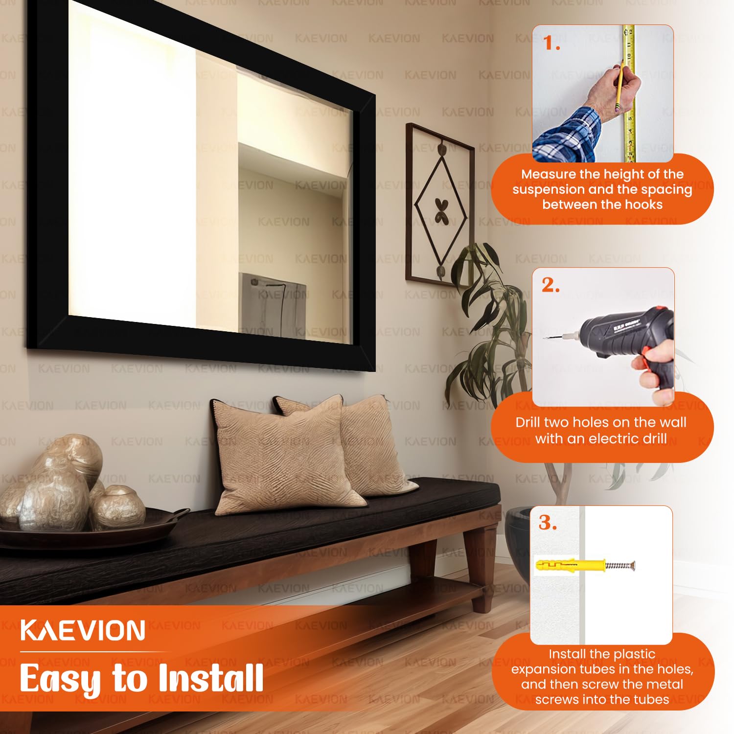 KAEVION Wall Hanging 2 Feet Water Proof PVC Framed Mirror | Wall Mirror for Bedroom or Bathroom | Home Decor Mounted Mirror for Bedroom Living-Room Vanity Farmhouse | Wash Room Mirror for Wall