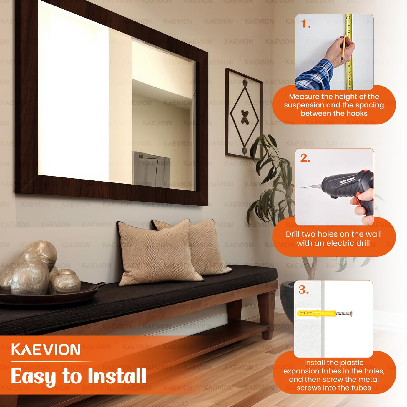 KAEVION Wall Hanging 2ft Brown Water Proof PVC Framed Mirror |Wall Mirror for Bedroom or Bathroom |Home Decor Wall Mounted Mirror for Bedroom Living-Room Vanity Farmhouse| wash Room Mirror for Wall