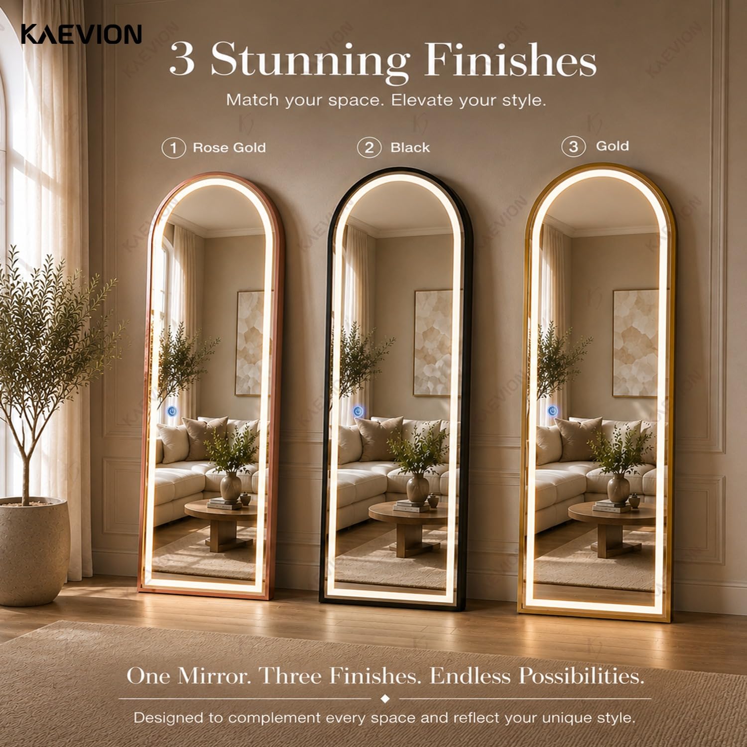 5 Feet 3 in 1 LED Lighted Arch Mirror, Rose Gold | Full Length, Wall-Hanging, Premium 5mm Thick Frame, Backlit Tall Arched Vanity Mirror