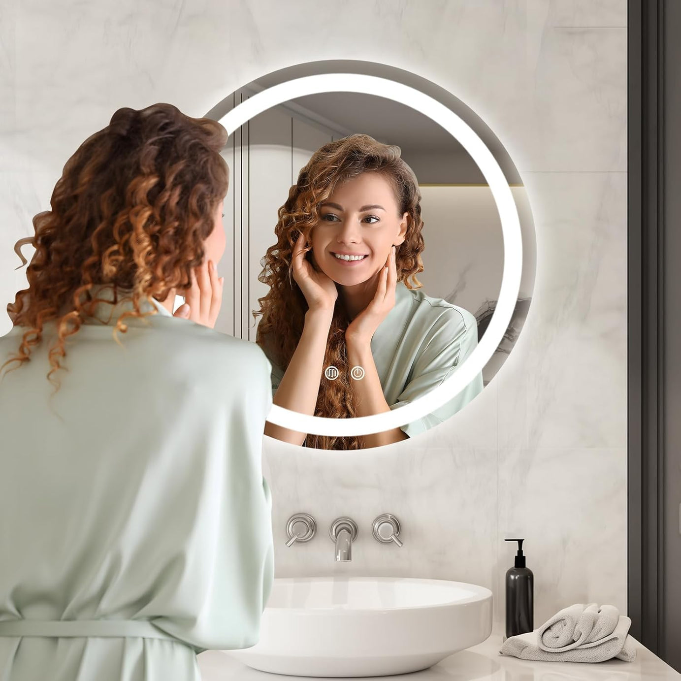 KAEVION 2 feet Frameless Round Wall Mirror with Adjustable 3 LED Light - White/Warm/Natural | Anti-Fog Dimmable Lights Makeup Mirror | Home Décor Wall Hanging Mirror- Circular Shape