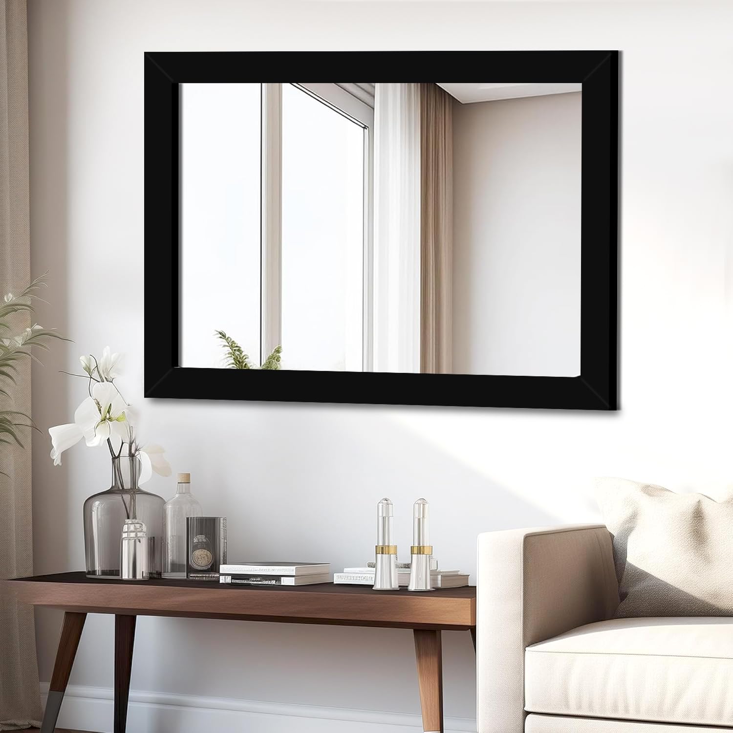 KAEVION Wall Hanging 2ft Black Water Proof PVC Framed Mirror | Wall Mirror for Bedroom or Bathroom | Home Decor Mounted Mirror for Bedroom Living-Room Vanity Farmhouse | Wash Room Mirror for Wall