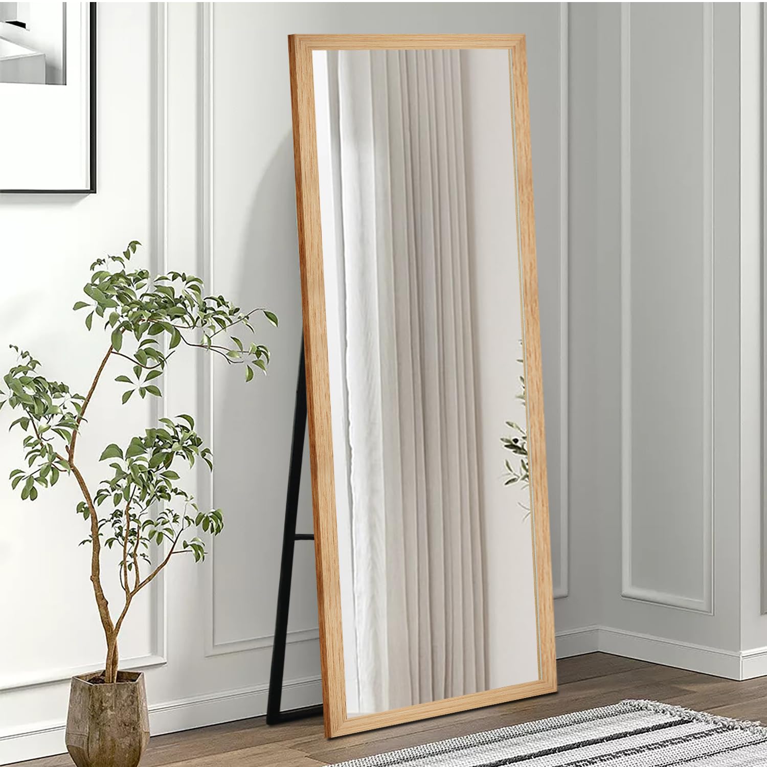 KAEVION 5.25 ft Wall Full Length Mirror, Standing Mirror Full Body, Large Floor for Wall Door Bedroom Bathroom Living Room with Natural Wood Frame (with Stand, 63x21-Natural Wood)
