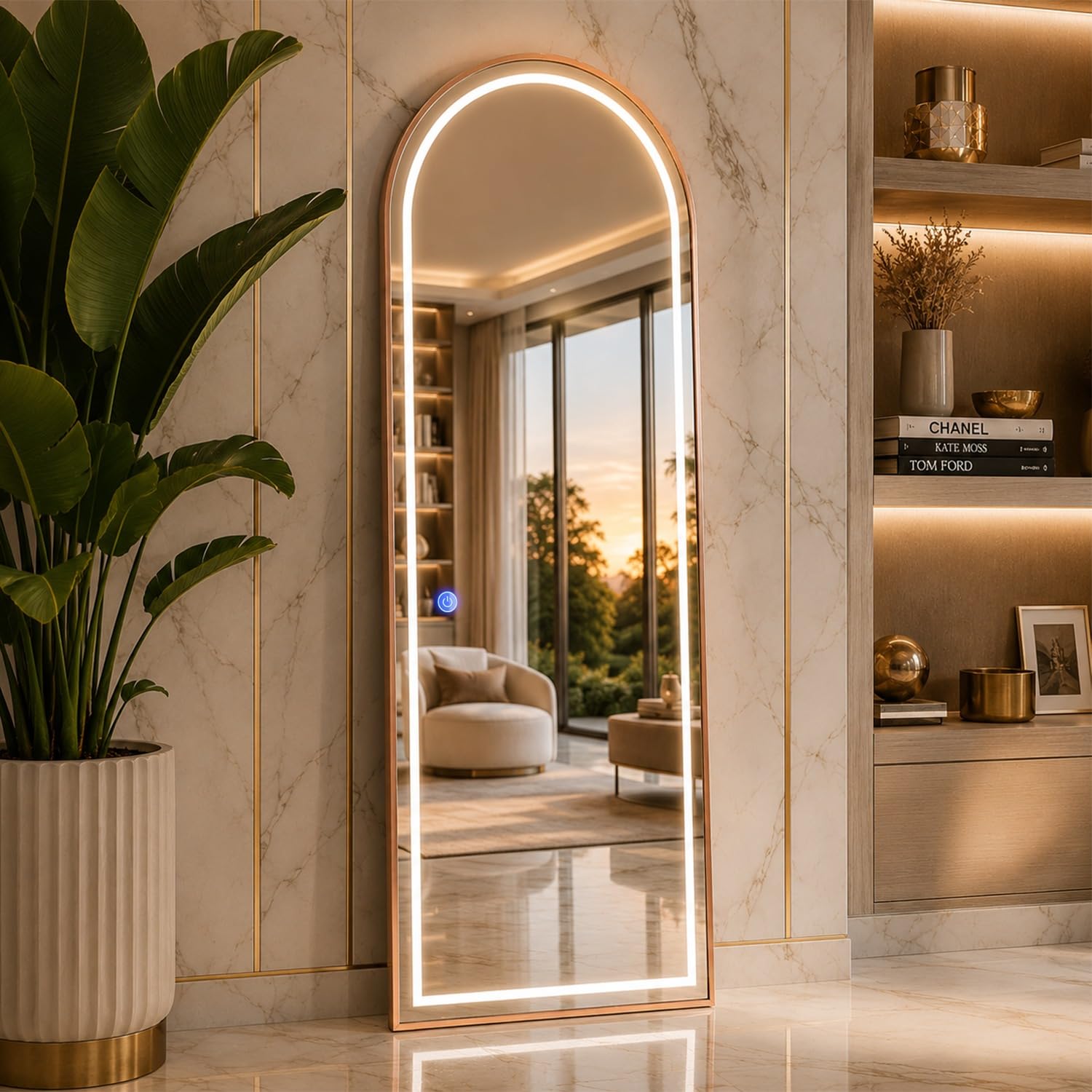 5 Feet 3 in 1 LED Lighted Arch Mirror, Rose Gold | Full Length, Wall-Hanging, Premium 5mm Thick Frame, Backlit Tall Arched Vanity Mirror