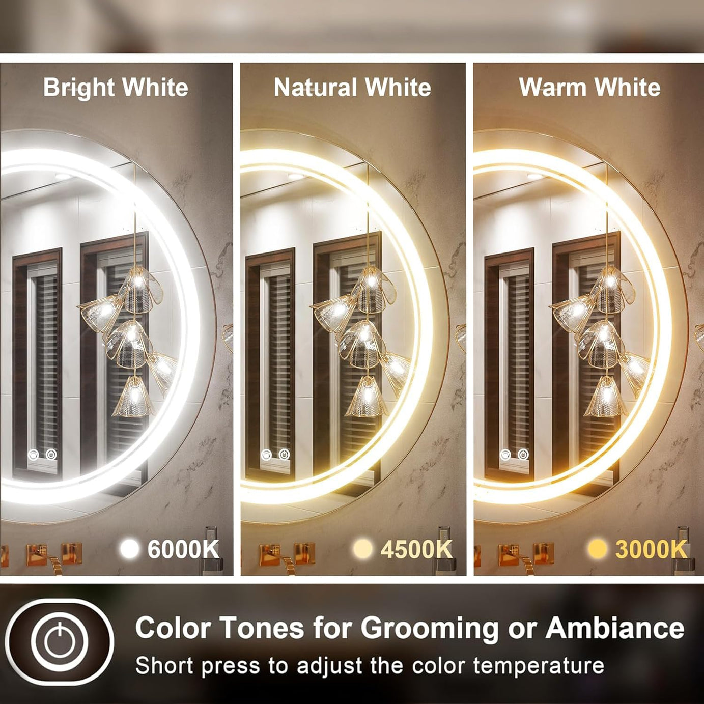 KAEVION 2 feet Frameless Round Wall Mirror with Adjustable 3 LED Light - White/Warm/Natural | Anti-Fog Dimmable Lights Makeup Mirror | Home Décor Wall Hanging Mirror- Circular Shape