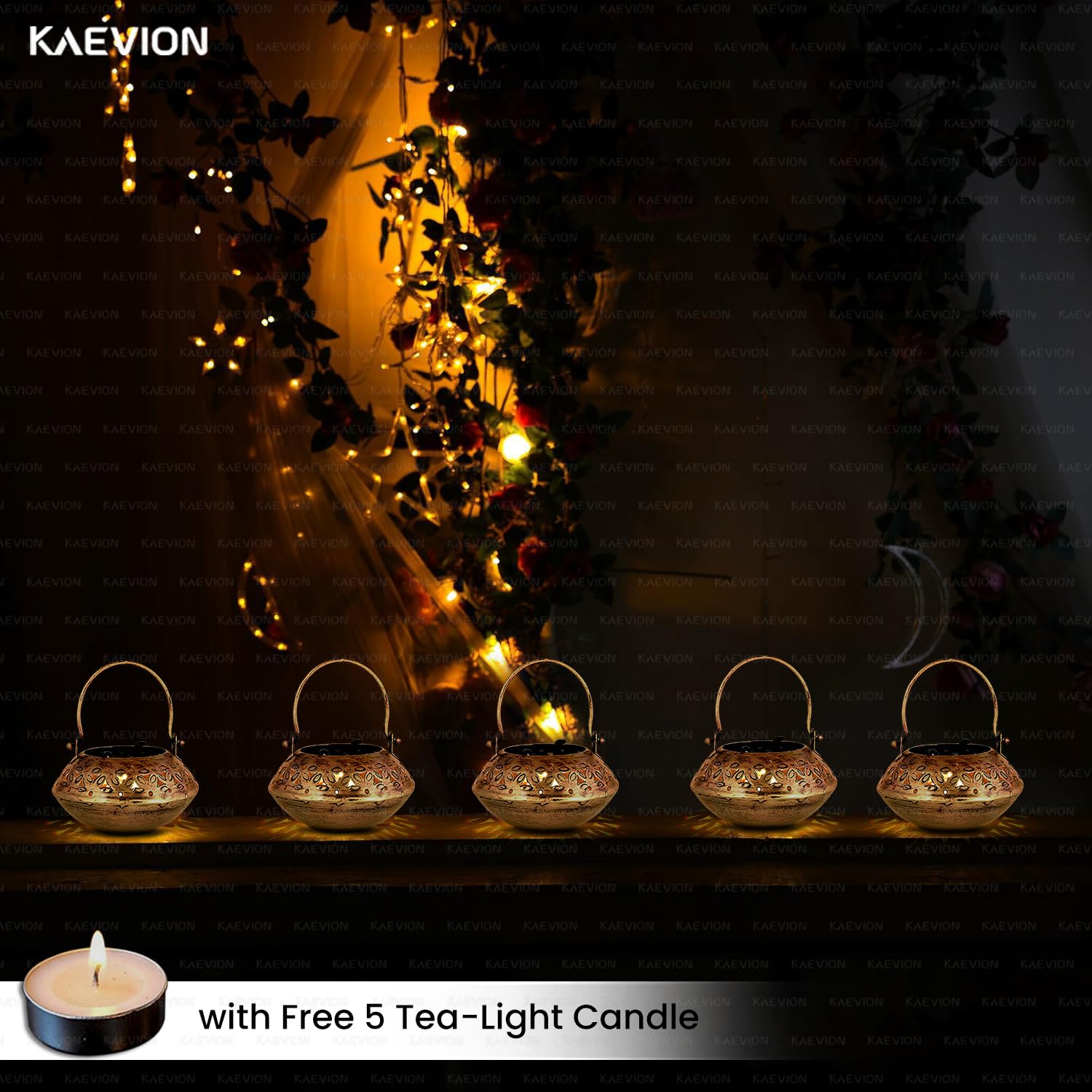 KAEVION 5pcs Metal Brass Incense Burner Tea Light Candle Holder | Small Size Degchi 5” | Wall Hanging Diya Holder for Pooja Room| Degchi Dhoop Dani | Brass Home Decorative Items for Living Room