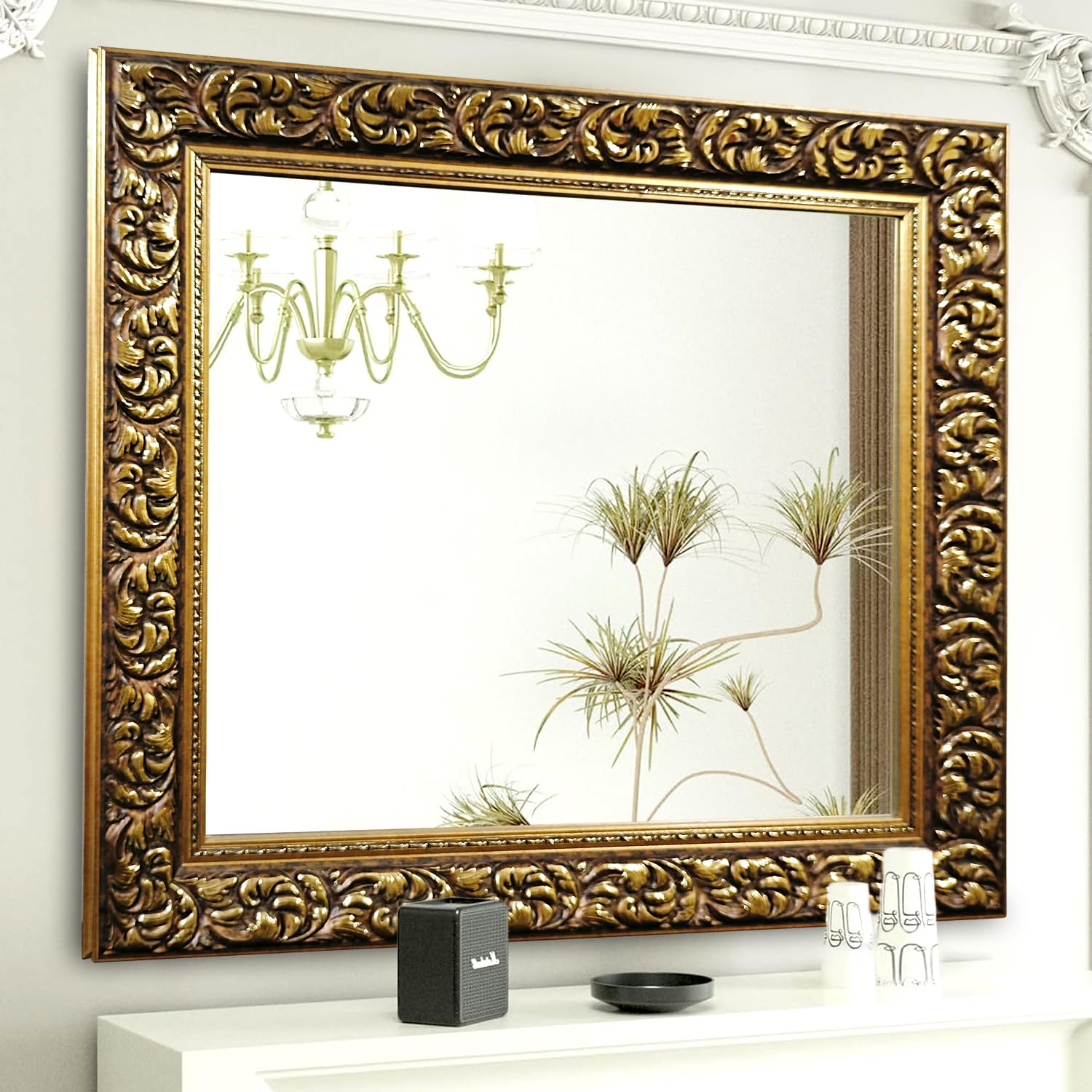 KAEVION 3 Feet Wooden Frame Decorative Wall Mirror | Antique Golden Black Frame | 35" x 37" x 1.5" | Wall Mounting Glass Mirror| Perfect for Home Décor