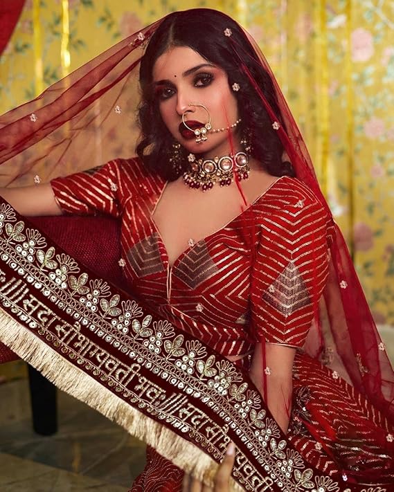 KAEVION Women Net 2.5 Meter Sada Saubhagyawati Bhav Wedding Dupatta with Kiran Lace | Embroidered Traditional Bridal Designer Contrast Dupatta for Special Occasion | Dulhan Chunni
