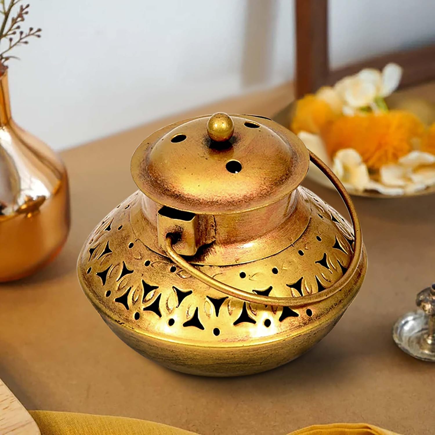 KAEVION Home Décor Small Size L5 X W5 X H4 Inch Brass Incense Holder Only | Wall Hanging Degchi Pot Dhup Dani | Home Decor Items for Living Room | Brass Tea Holder Pack of -1