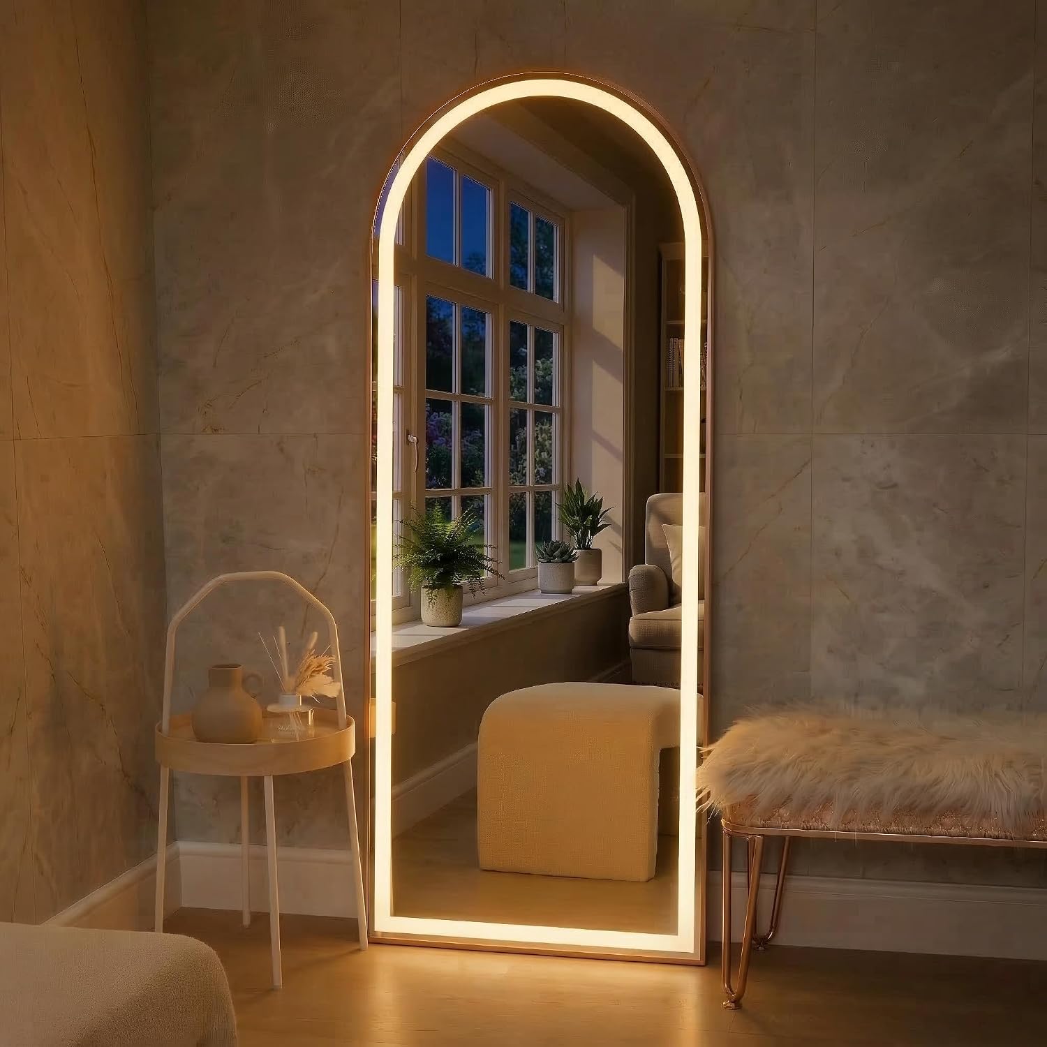 5 Feet 3 in 1 LED Lighted Arch Mirror, Rose Gold | Full Length, Wall-Hanging, Premium 5mm Thick Frame, Backlit Tall Arched Vanity Mirror