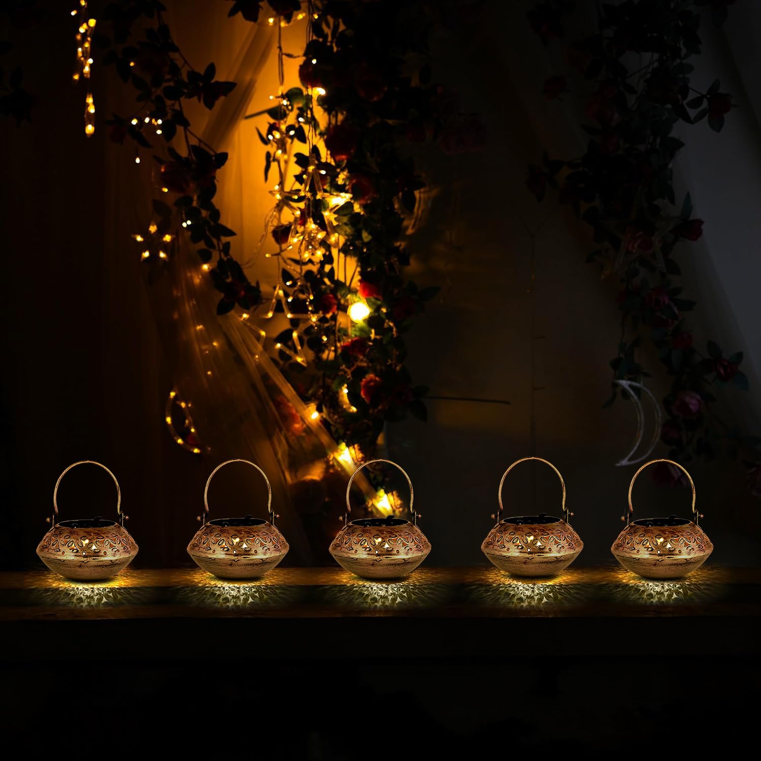 KAEVION 5 pcs Wall Hanging Brass Metal Small Size 5” in Degchi String Light Holder | Tabletop Tea Light Candle Holder | Diwali Decoration String Light Incense Burner | Dhoop Dani Pot Diya Holder