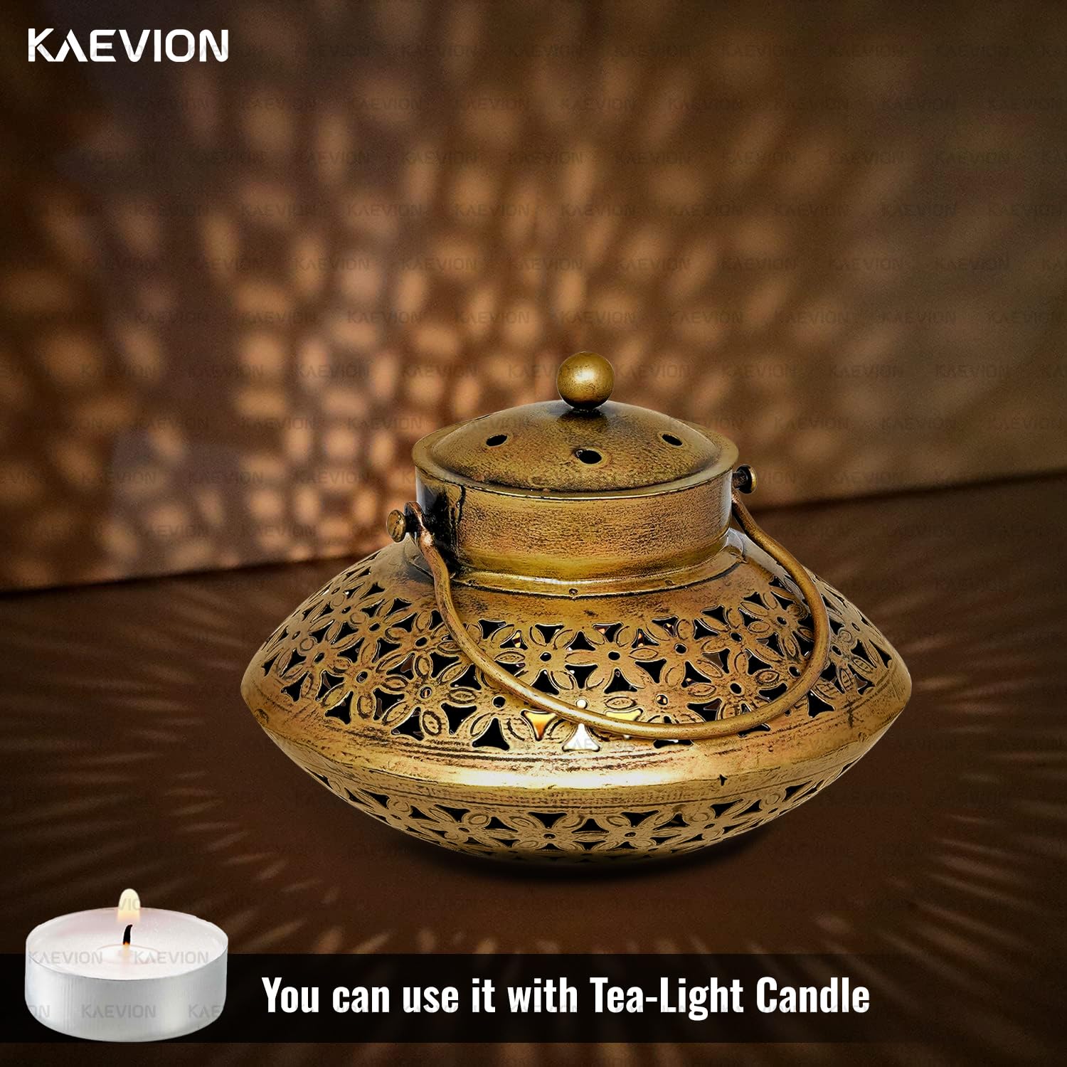 KAEVION Metal Brass Dhoop Dani Degchi Style Tea Light Candle Holder | Medium Size 7” in Wall Hanging Table Top Dhoop Stand Home Decor | Incense Dhup Burner for Pooja Room or Diwali Decoration