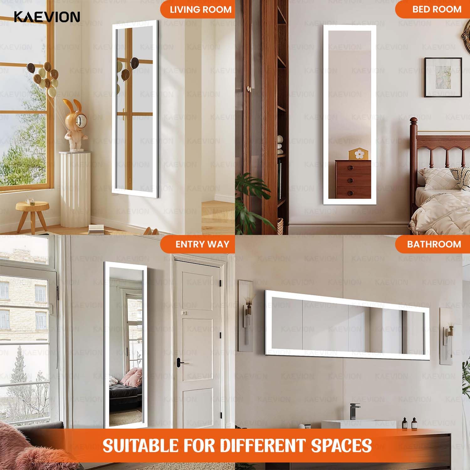 KAEVION 4ft White PVC Framed Full Size Long Wall Mirror | Rectangular Full Length Wall Mounted Dressing Mirror for Bedroom Living Room Hall Entryways | Home Decor Glass