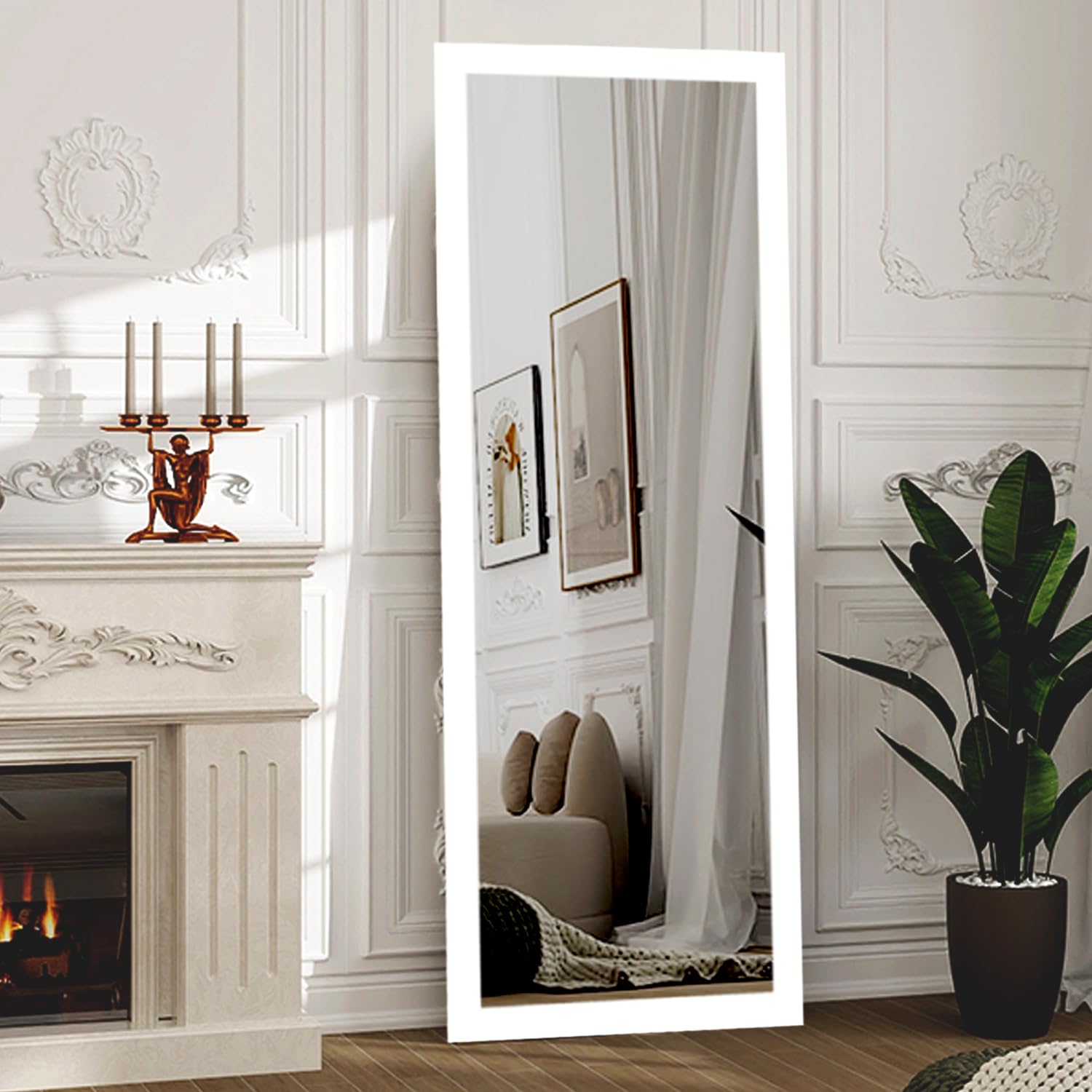 KAEVION Wall Hanging White Mirror 4.25ft Long Full Length PVC Framed Mirror | Home Decor Wall Mounted Mirror for Bedroom Living Room Vanity Farmhouse Mirror