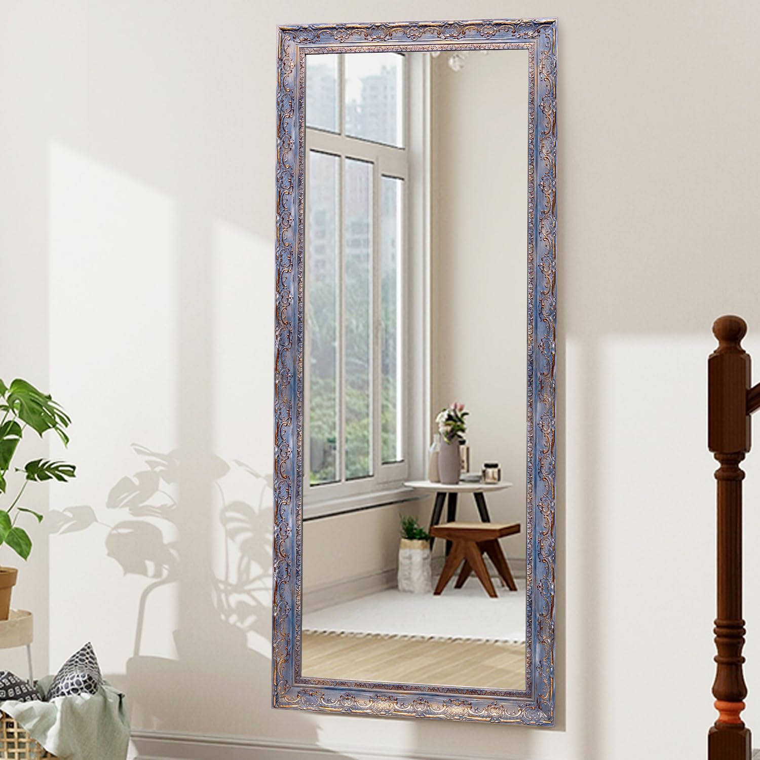 KAEVION Rectangular Shape 5.25 Feet Full-Length PVC Wooden Frame Wall Hanging Mirror with 5 MM Glass| Floor Wall Leaning Mirror| Home Dcor Mounted Mirror for Bedroom Living-Room - Antique Blue