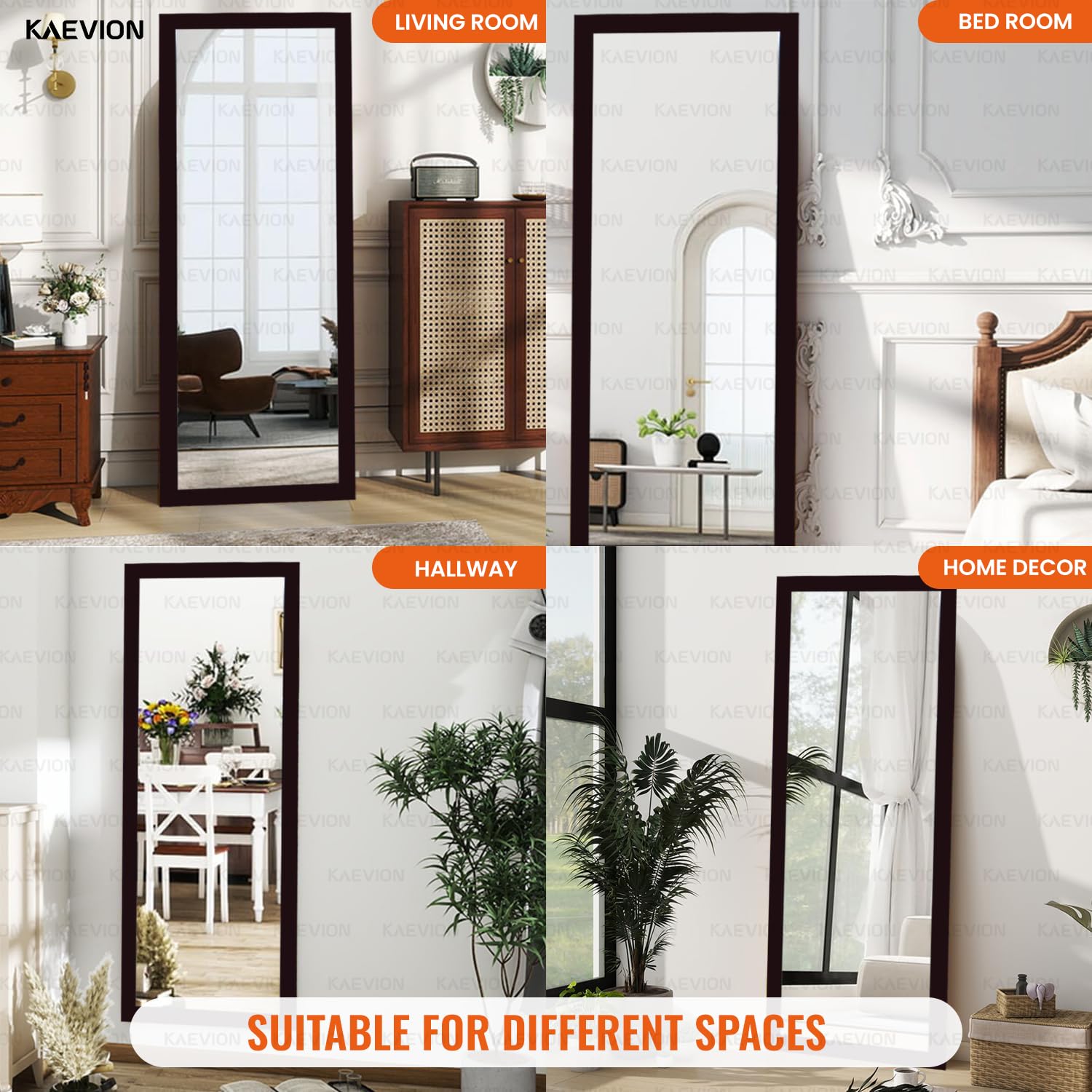 KAEVION Rectangular 5.25 Feet Brown Full-Length Waterproof PVC Wooden Frame Wall Hanging Mirror | Wall Mirror | Home Decor Wall Mounted Mirror for Bedroom Living-Room Vanity Farmhouse
