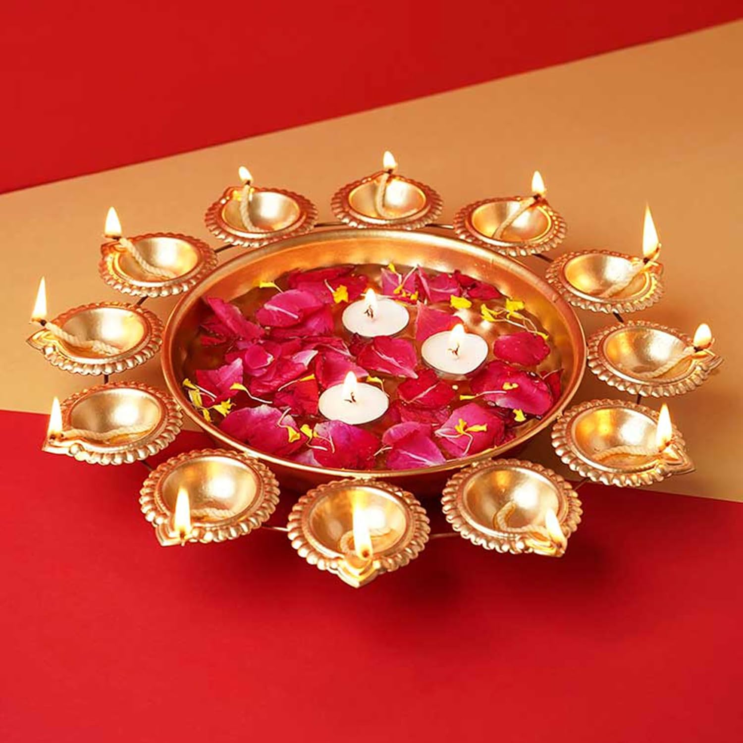 KAEVION Attractive Metal Brass Gold Decorative Tea-Light Candles Holder with Diya Uruli Bowl Floating Flower Pouring Water Pot| (12 Pcs X Tea- Candle Light)