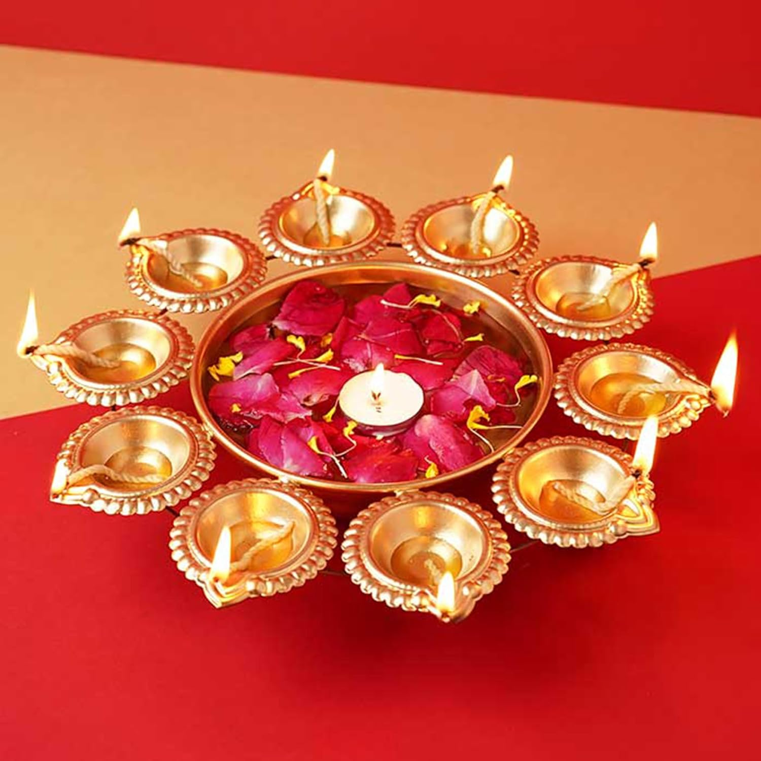 KAEVION Elegant Metal Brass Home Decor Tea Candle Light Holder Floating Flower Urli Diya Bowl (10 Pcs of T-Light Candles)