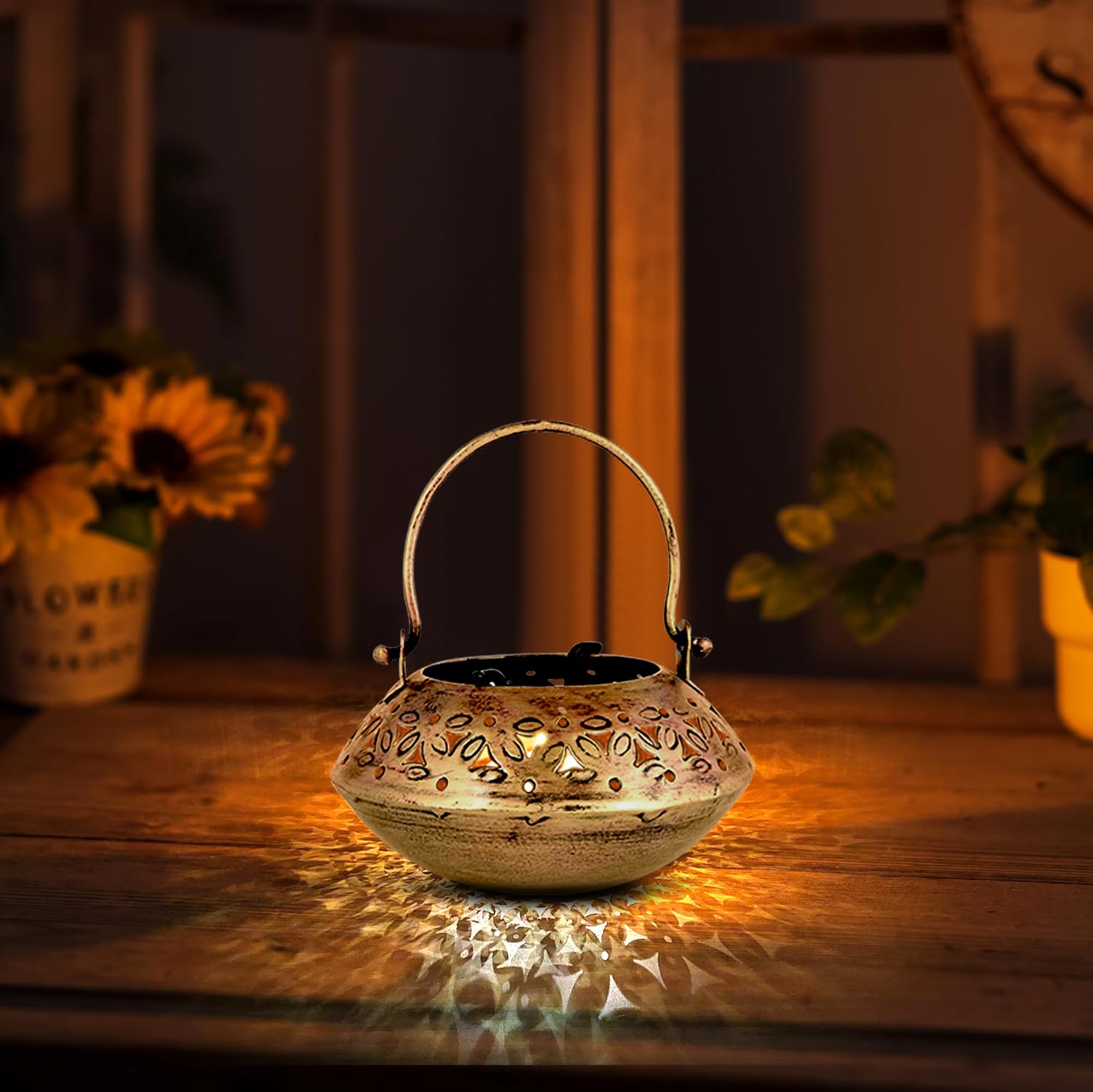 KAEVION 5 pcs Wall Hanging Brass Metal Small Size 5” in Degchi String Light Holder | Tabletop Tea Light Candle Holder | Diwali Decoration String Light Incense Burner | Dhoop Dani Pot Diya Holder