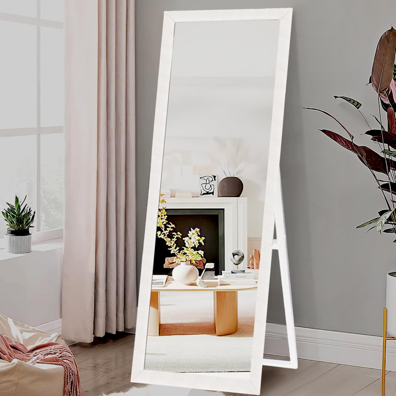 KAEVION Rectangle White Cheval Full Length Mirror 5 Feet Long Size with 5MM Glass | Floor Standing Full Size Mirror| Full-Length Mirror with Stand for Living Room, Bedroom, Dressing Room- White