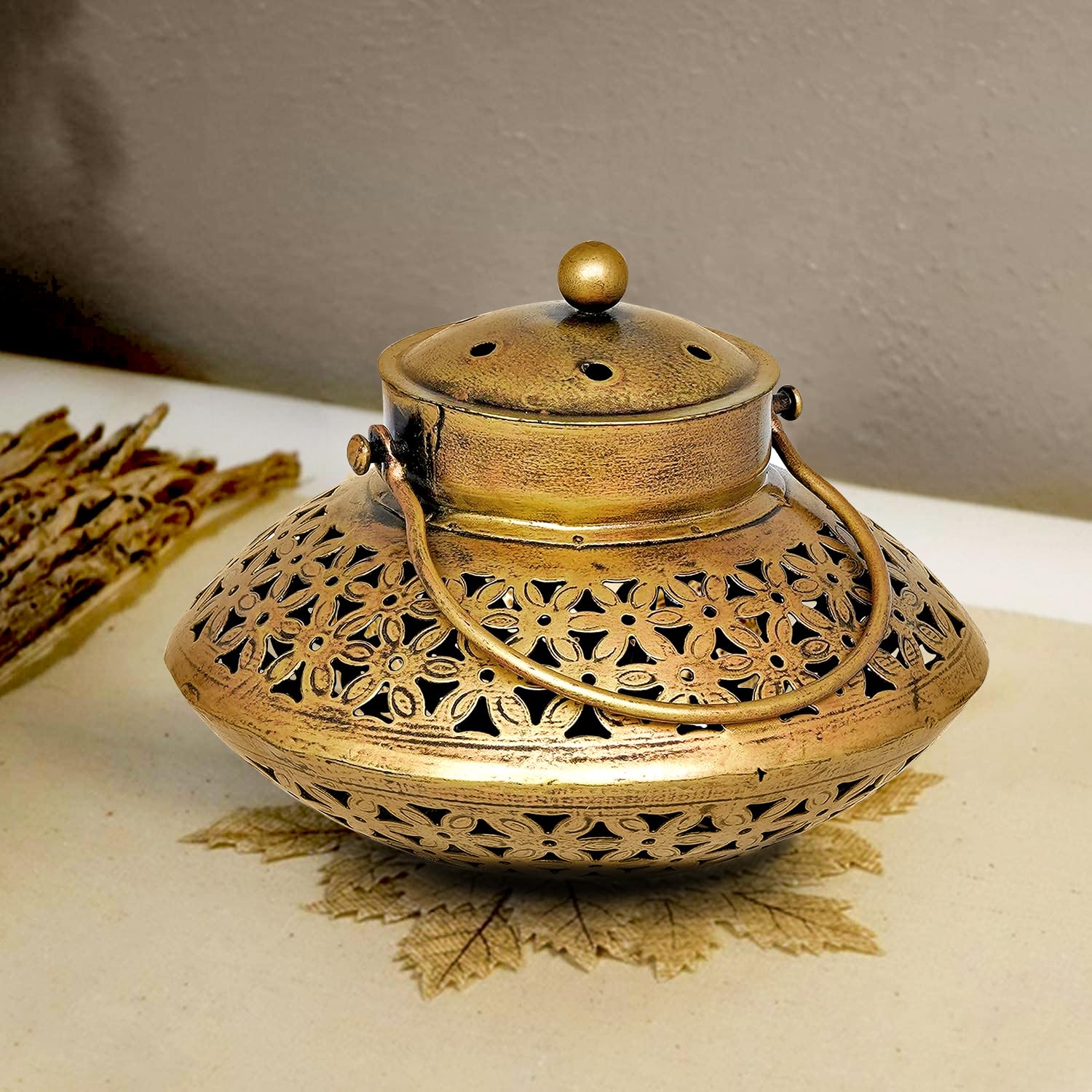 KAEVION Metal Brass Dhoop Dani Degchi Style Tea Light Candle Holder | Medium Size 7” in Wall Hanging Table Top Dhoop Stand Home Decor | Incense Dhup Burner for Pooja Room or Diwali Decoration