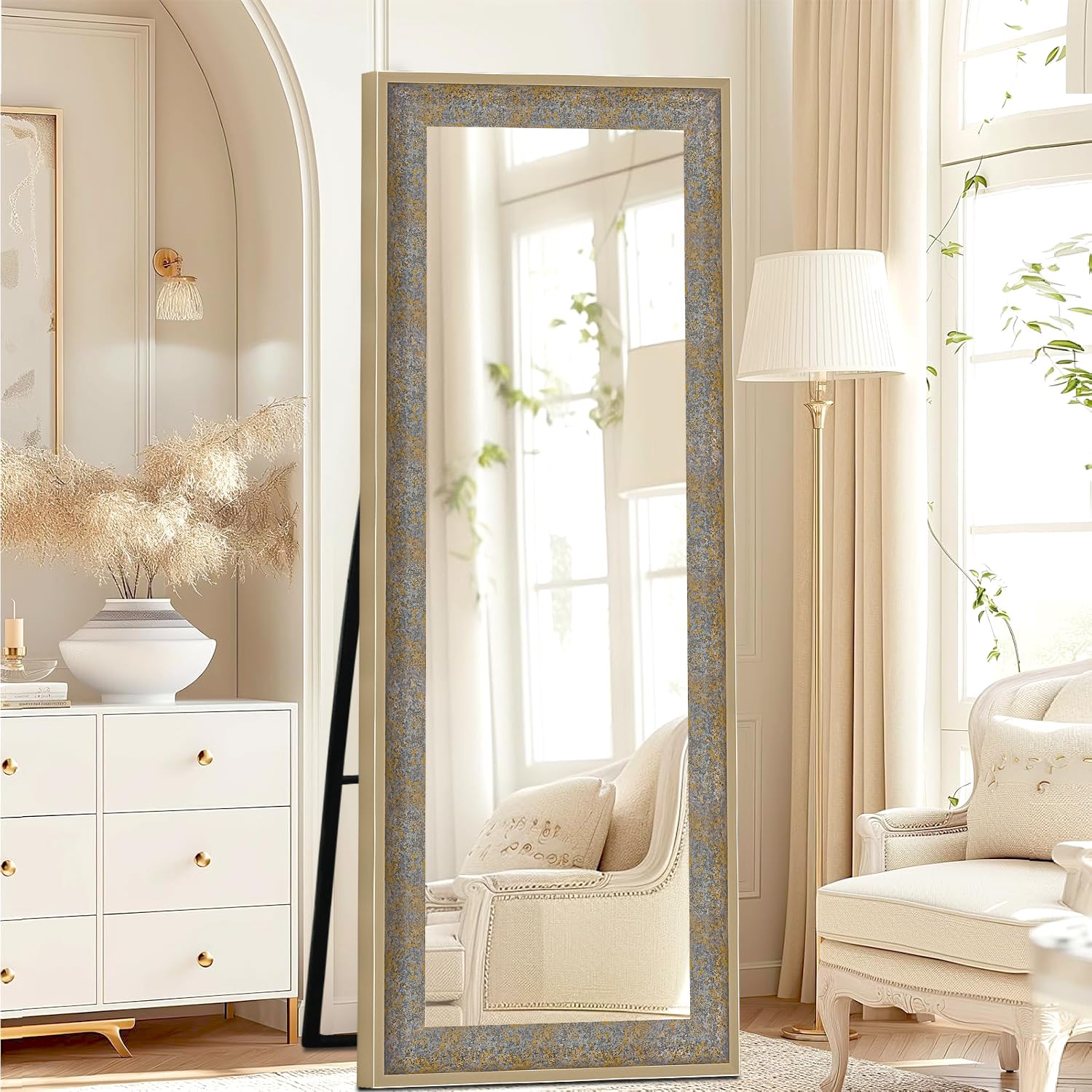 KAEVION Antique Golden Full Length 5ft Dressing Mirror Floor Standing Mirror | Cheval Mirrors | Long Mirror for Bedroom Living Room | Wall Mirror| Full Length Mirror with Stand