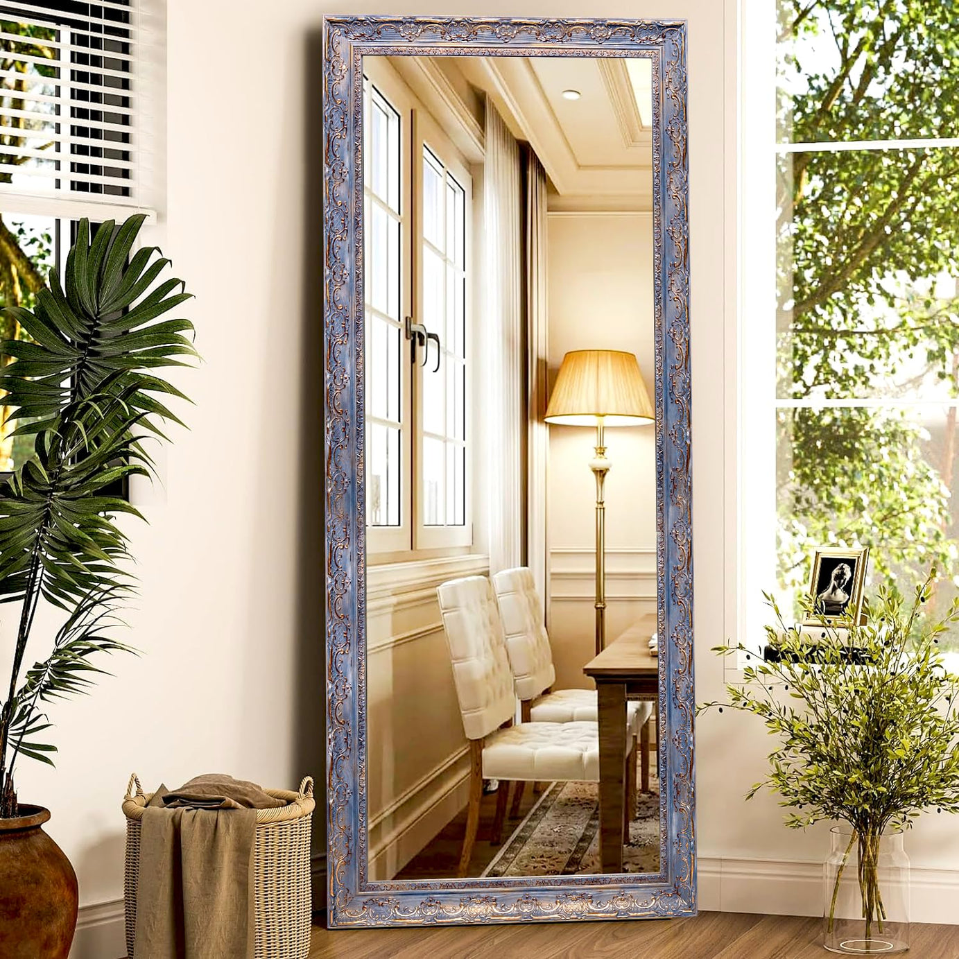 KAEVION Rectangular Shape 5.25 Feet Full-Length PVC Wooden Frame Wall Hanging Mirror with 5 MM Glass| Floor Wall Leaning Mirror| Home Dcor Mounted Mirror for Bedroom Living-Room - Antique Blue