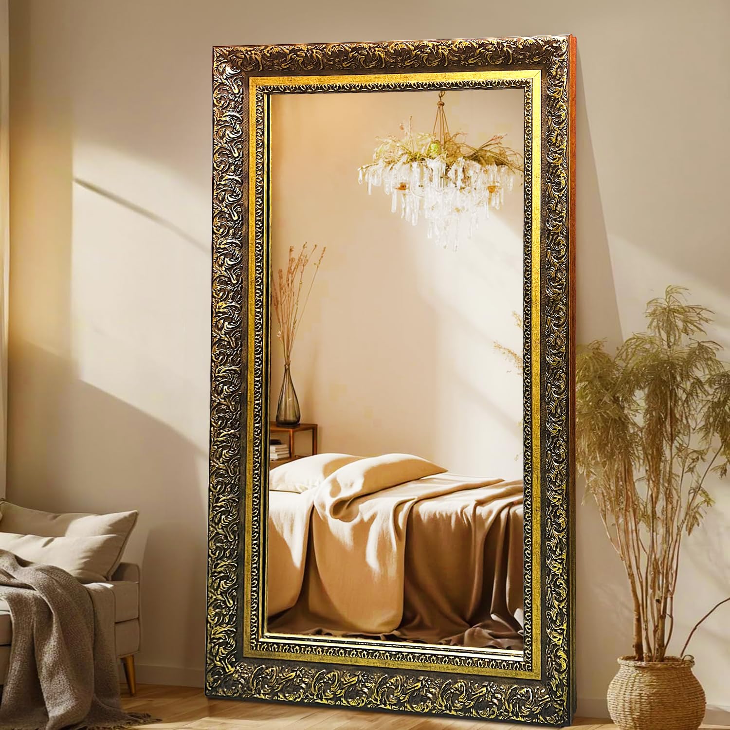 KAEVION Wooden Frame Rectangular Wall Mounting Mirror Antic Look Black Golden | Home Decorative Vintage Mirror for Wall