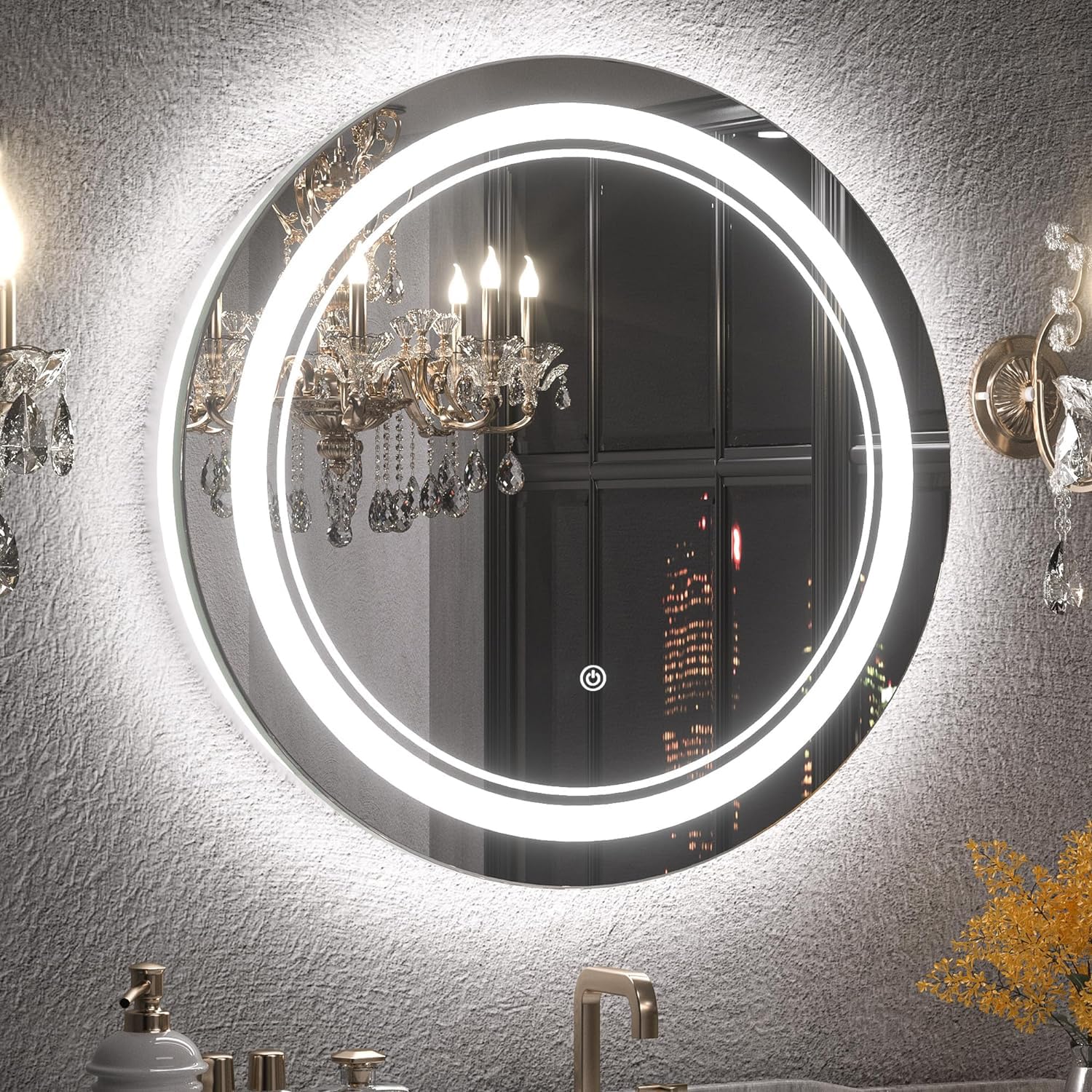 KAEVION 2 feet Frameless Round Wall Mirror with Adjustable 3 LED Light - White/Warm/Natural | Anti-Fog Dimmable Lights Makeup Mirror | Home Décor Wall Hanging Mirror- Circular Shape