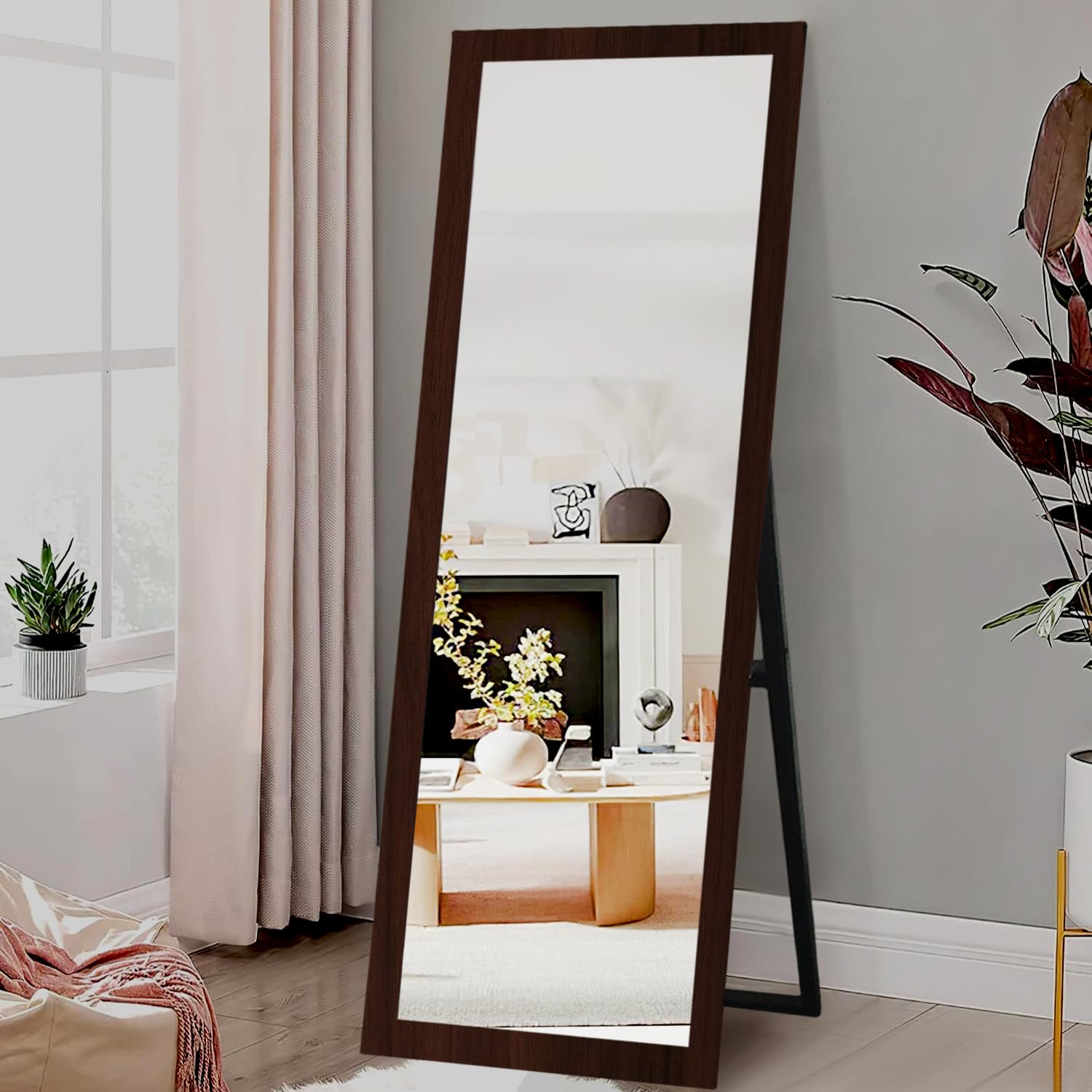 kaevion Cheval 5 Feet Full Length Mirror 5MM Glass | Floor Standing Long Size Mirror | Amazon Full-Length Mirror with Stand for Living Room, Bedroom, Dressing Room- Brown