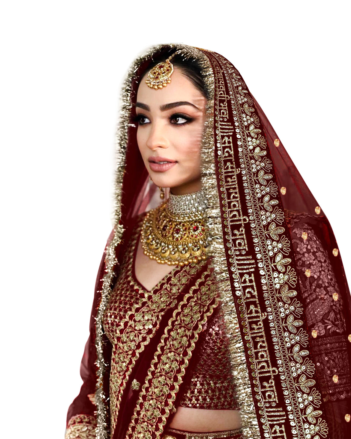 KAEVION Women Net 2.5 Meter Sada Saubhagyawati Bhav Wedding Dupatta with Kiran Lace | Embroidered Traditional Bridal Designer Contrast Dupatta for Special Occasion | Dulhan Chunni