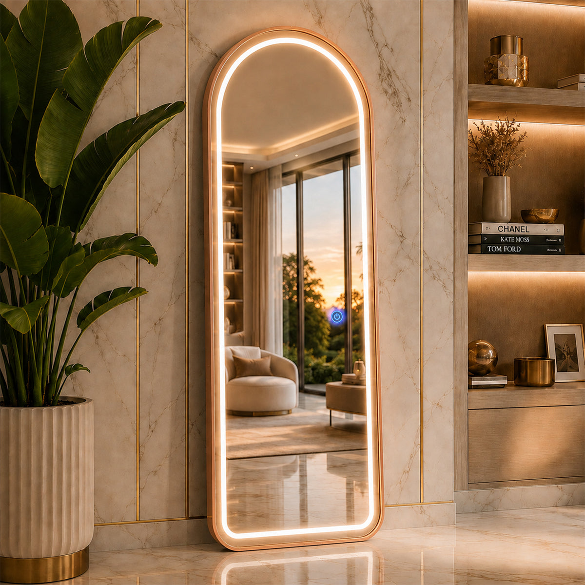 5 Feet 3 in 1 LED Lighted Arch Mirror, Rose Gold | Full Length, Wall-Hanging, Premium 5mm Thick Frame, Backlit Tall Arched Vanity Mirror
