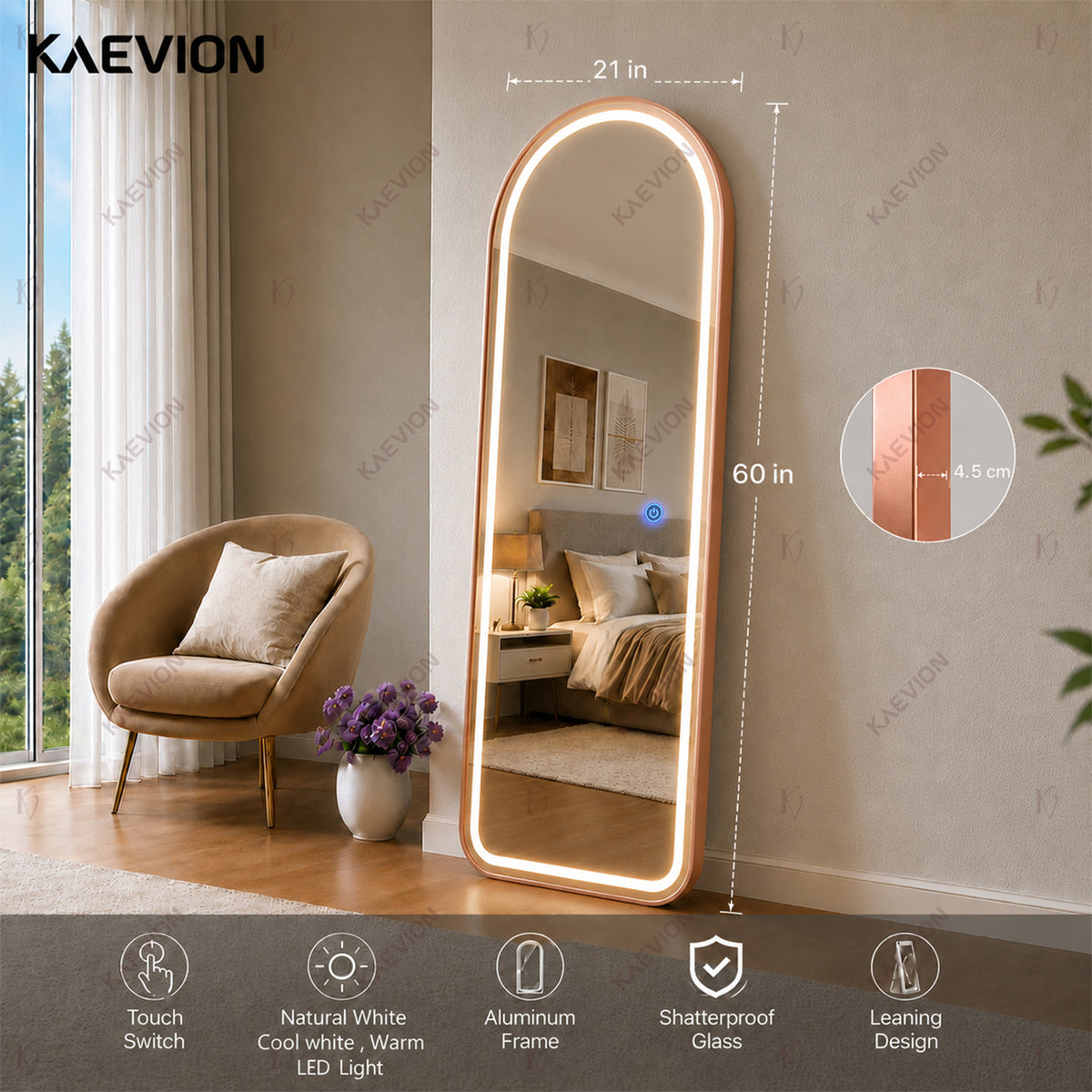 5 Feet 3 in 1 LED Lighted Arch Mirror, Rose Gold | Full Length, Wall-Hanging, Premium 5mm Thick Frame, Backlit Tall Arched Vanity Mirror