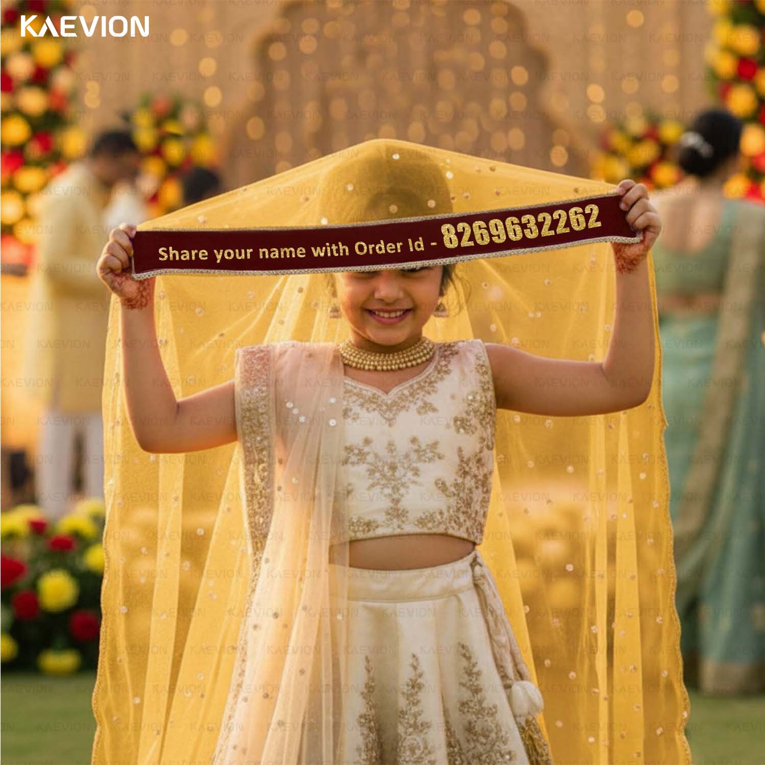 Kaevion Embroidered Indian Wedding Duppata with Name | Customized Name Dupatta with Kid’s Dupatta | Net Bridal Entry Dupatta