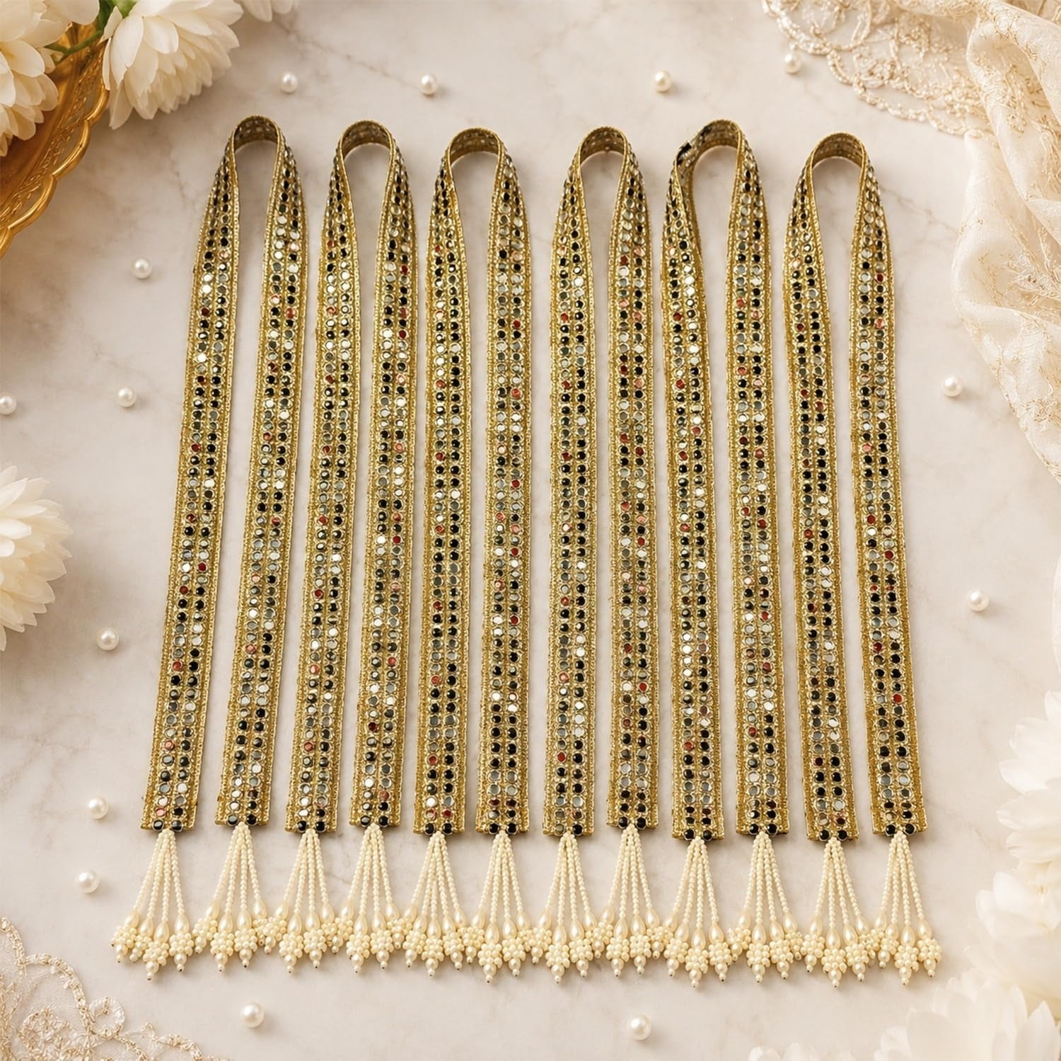 KAEVION Traditional Handmade Golden Swagat Mala Featuring Mirror Work Design and Elegant Pearl Latkan Tassels For Wedding, Receptions and Baraat Swagat.